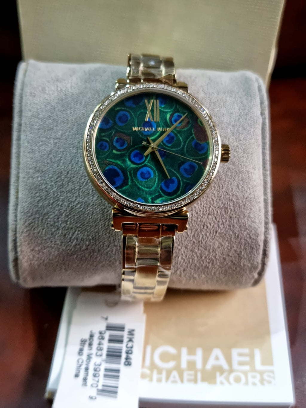 Michael Kors Women’s Quartz Gold Stainless Steel Blue Peacock Motif Dial 36mm Watch MK3946