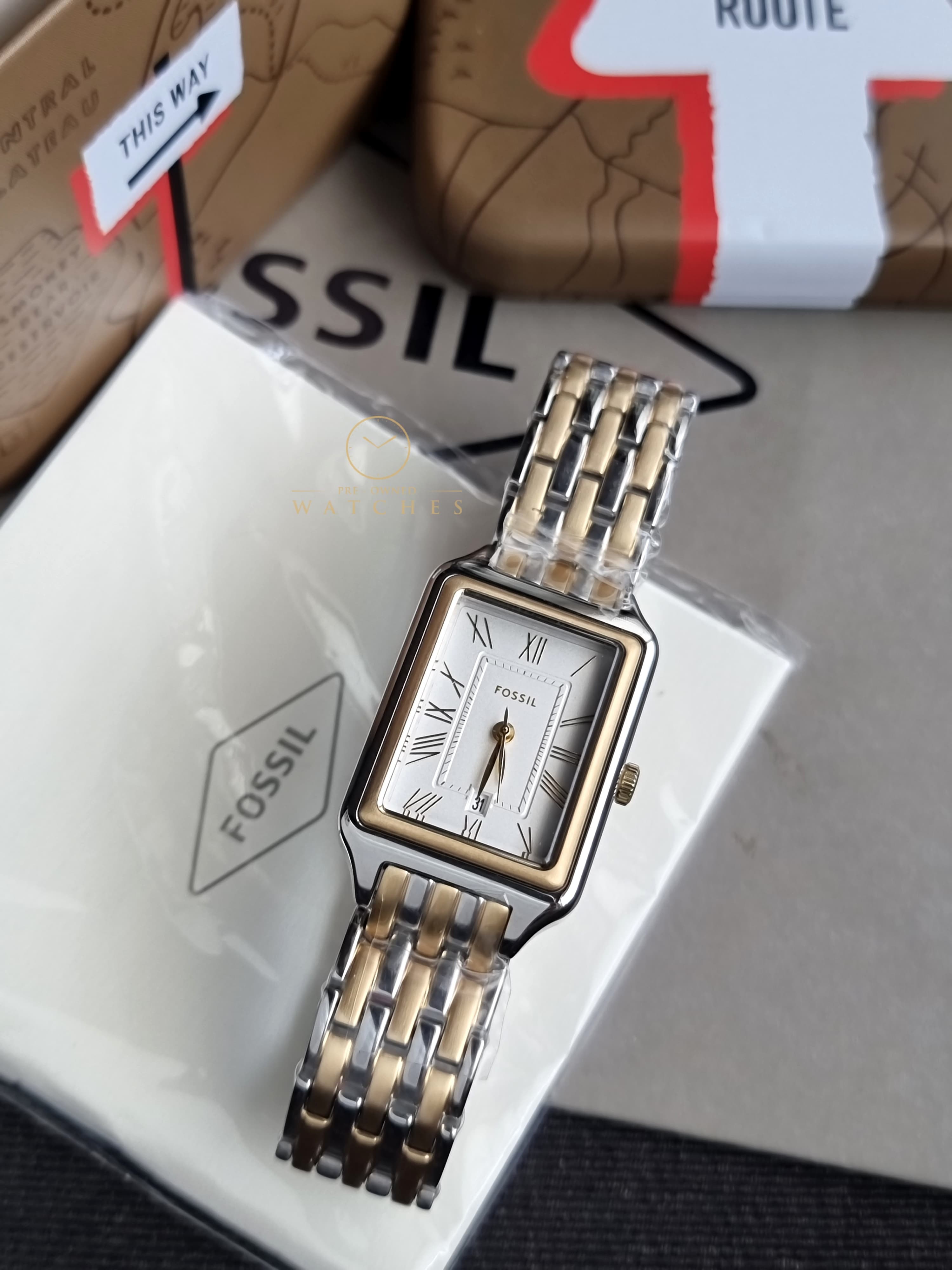 Fossil Women's Raquel Three-Hand Date Silver and Gold Two-Tone Stainless Steel Bracelet Watch ES5368(with out tag)