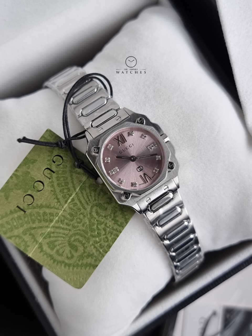Gucci G-Flat 24mm Pink Dial Diamond Dots Stainless Steel Bracelet Watch- YA166501