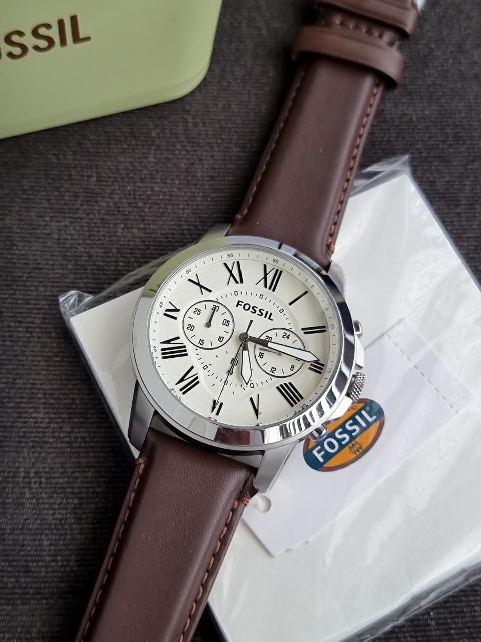 Fossil Grant Brown Leather Strap White Dial Chronograph Quartz Watch for Gents – FS4735