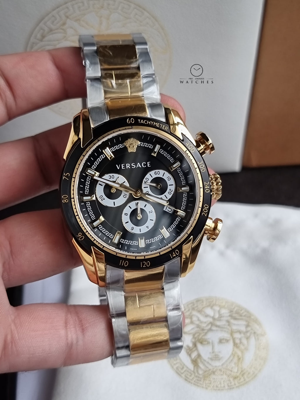 Versace V-Ray Chronograph Black 44mm Dial Two Tone Steel Strap Watch For Men - VE2I00421