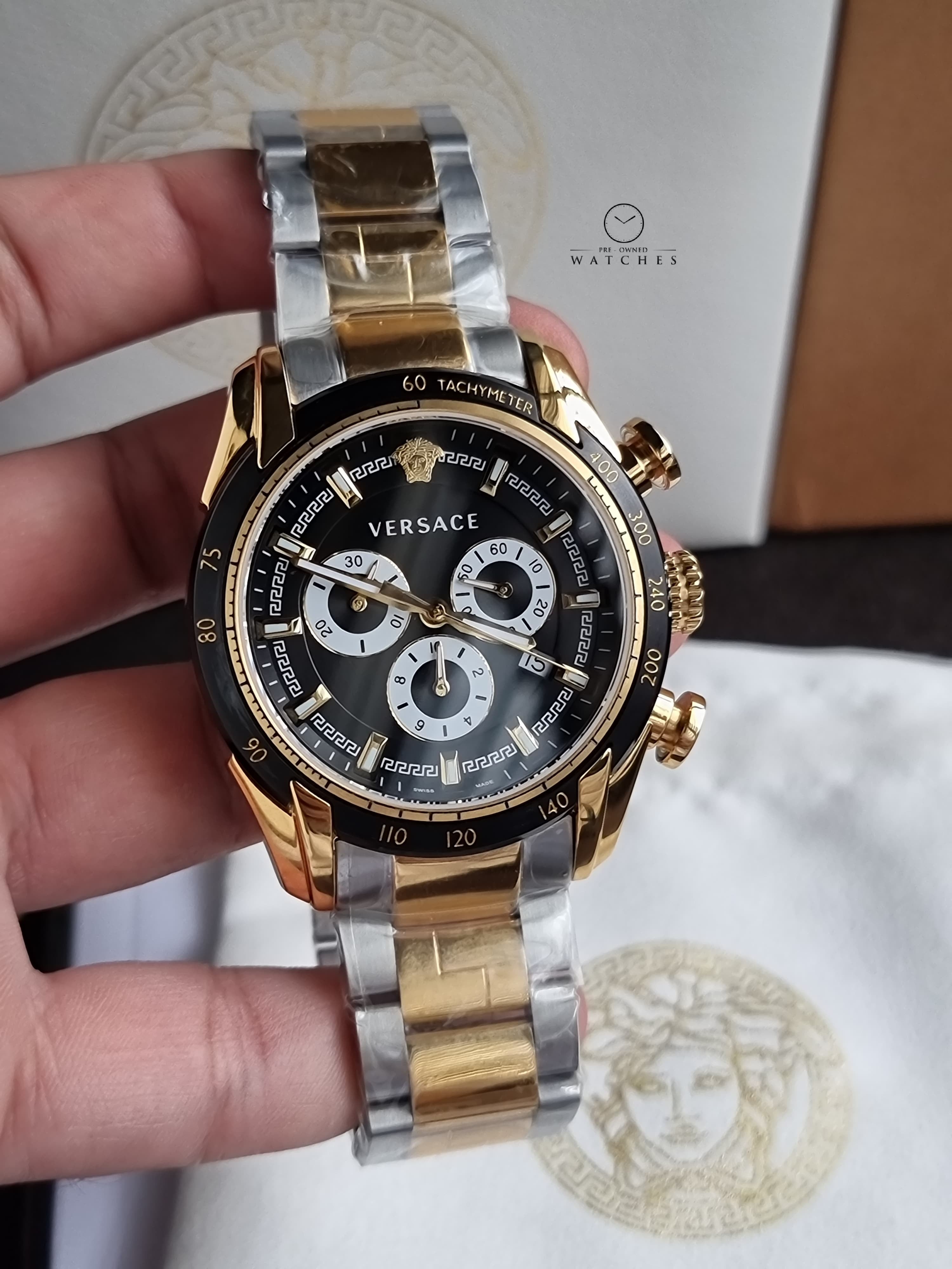 Versace V-Ray Chronograph Black 44mm Dial Two Tone Steel Strap Watch For Men - VE2I00421