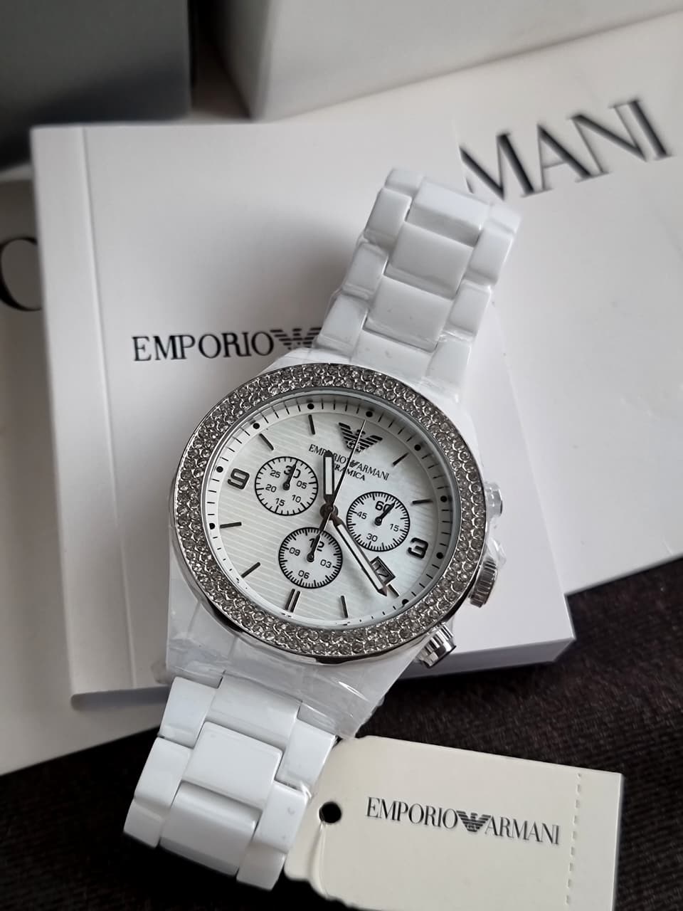 Emporio Armani Ceramica Chronograph White Dial White Ceramic Strap Watch For Women - AR1456