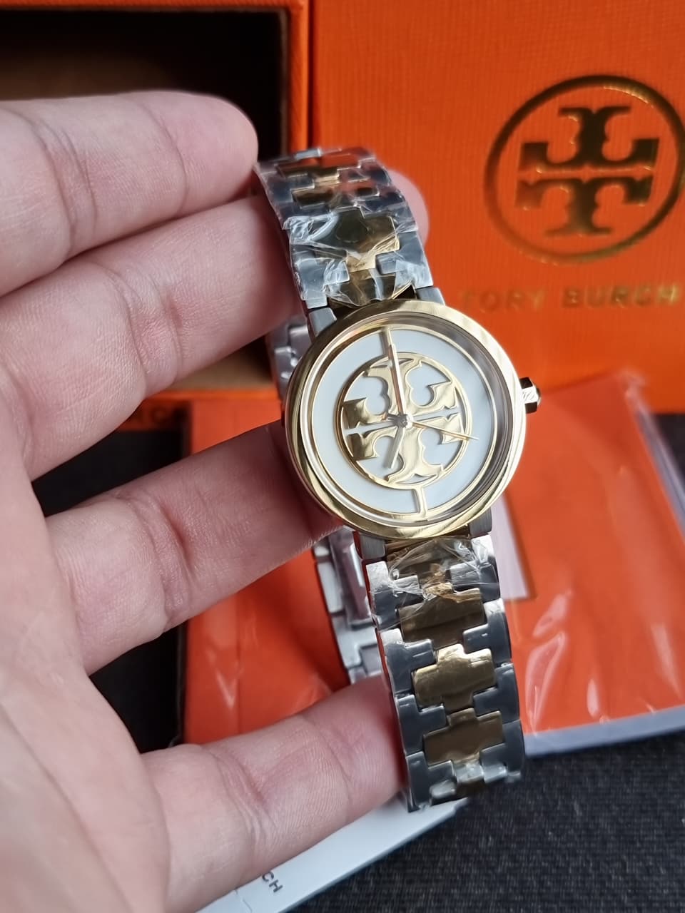 Tory Burch Reva Two-tone Stainless Steel Ivory Dial Quartz Watch for Ladies - TBW4016