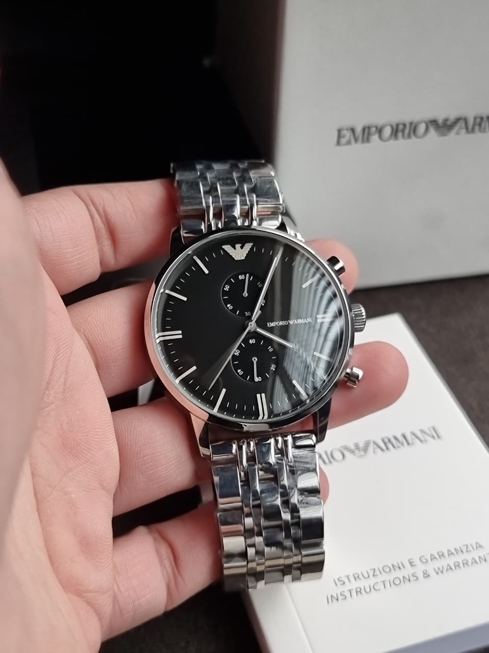 EMPORIO ARMANI Classic Silver Stainless Steel Black Dial Chronograph Quartz Watch for Gents - AR0389