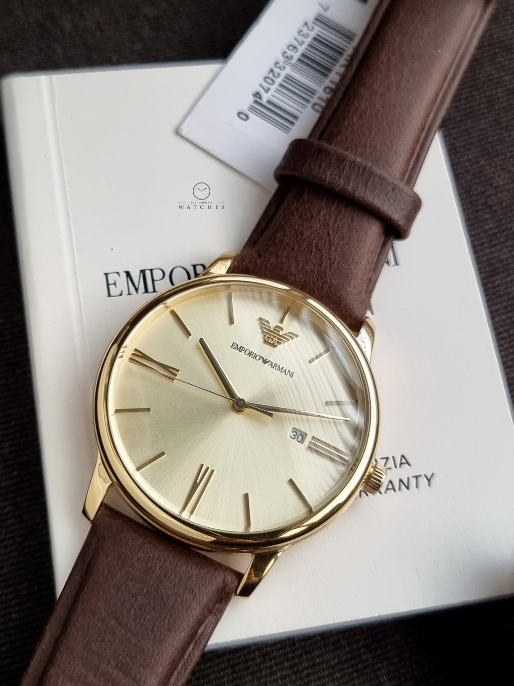 Emporio Armani Brown Leather Strap Gold 42mm Dial Quartz Watch for Gents - AR11610