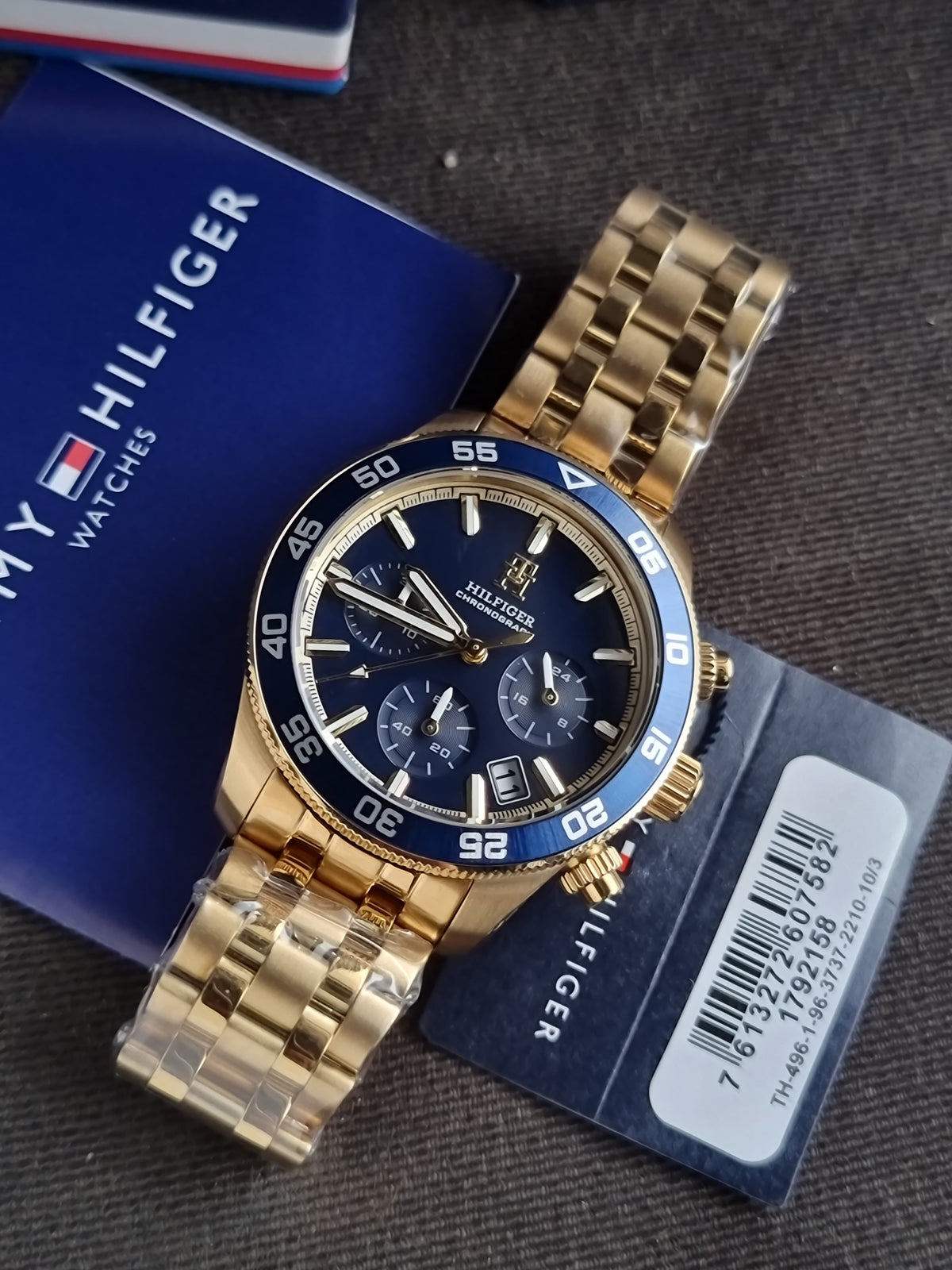 Tommy Hilfiger Gold Stainless Steel Blue 41mm Dial Chronograph Quartz Watch for Gents - 1792158