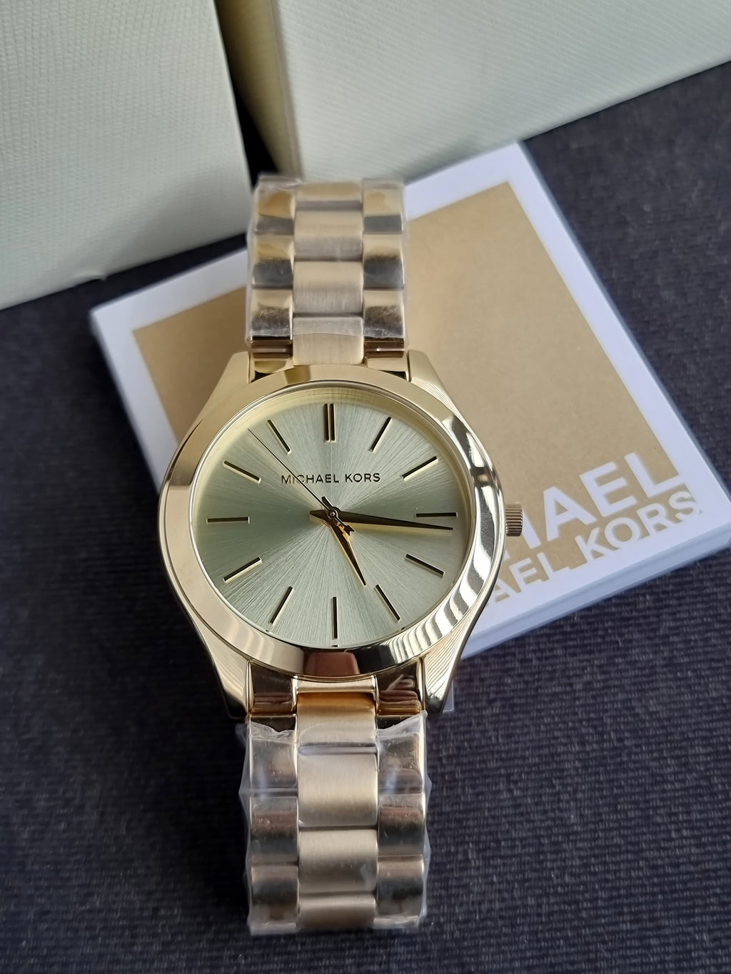 Michael Kors Slim Runway Gold Dial Stainless Steel Strap Ladies Watch MK3179