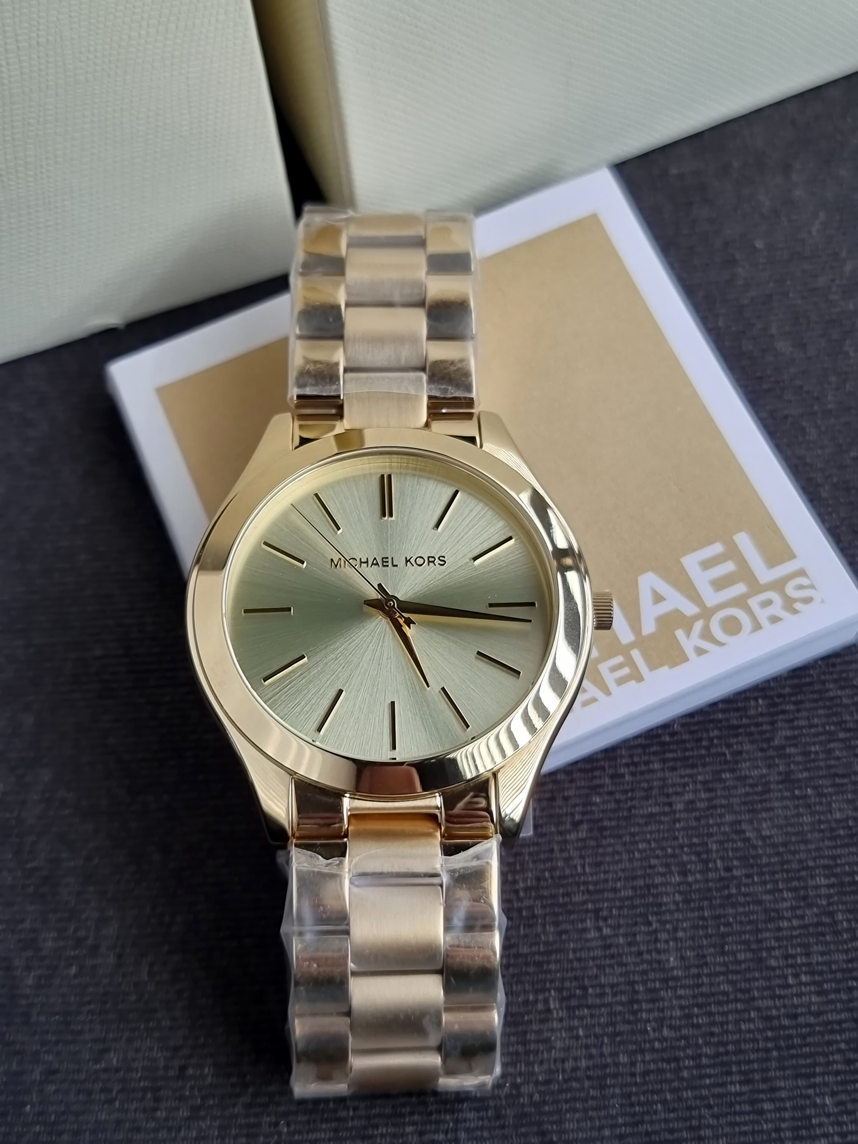 Michael Kors Slim Runway Gold Dial Stainless Steel Strap Ladies Watch MK3179