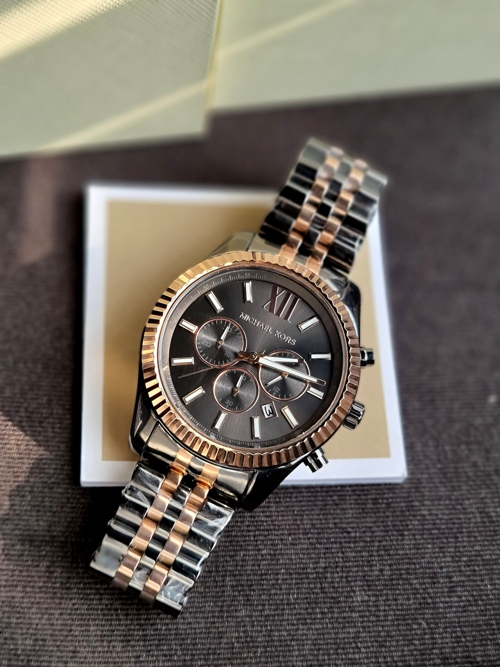 Michael Kors Lexington Two-tone Stainless Steel Black Dial Chronograph Quartz Watch for Gents - MK8561(without Tag)