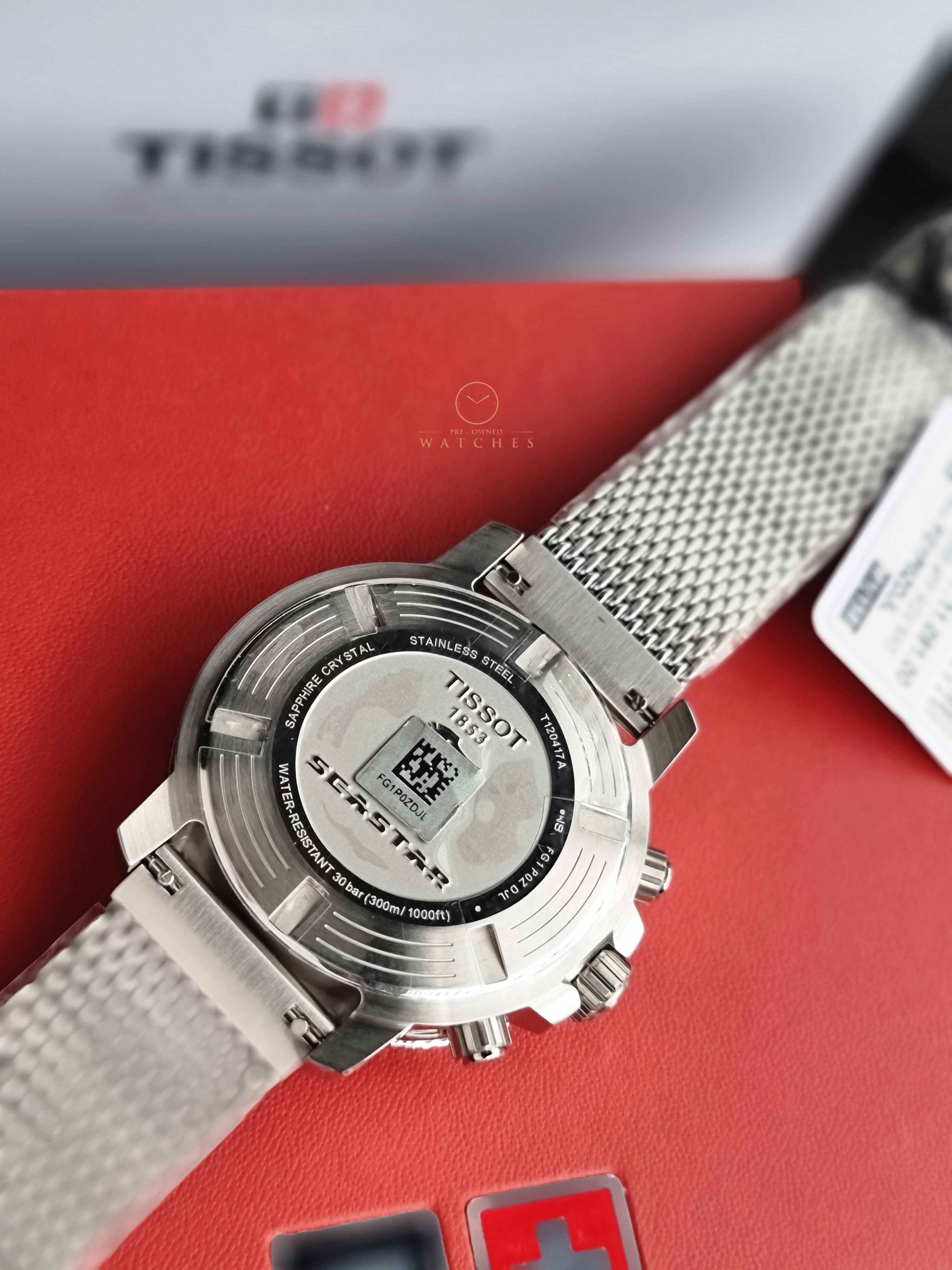 Tissot Seastar Silver Mesh Bracelet Green 45mm Dial Chronograph Quartz Watch for Men's - T120.417.11.091.00