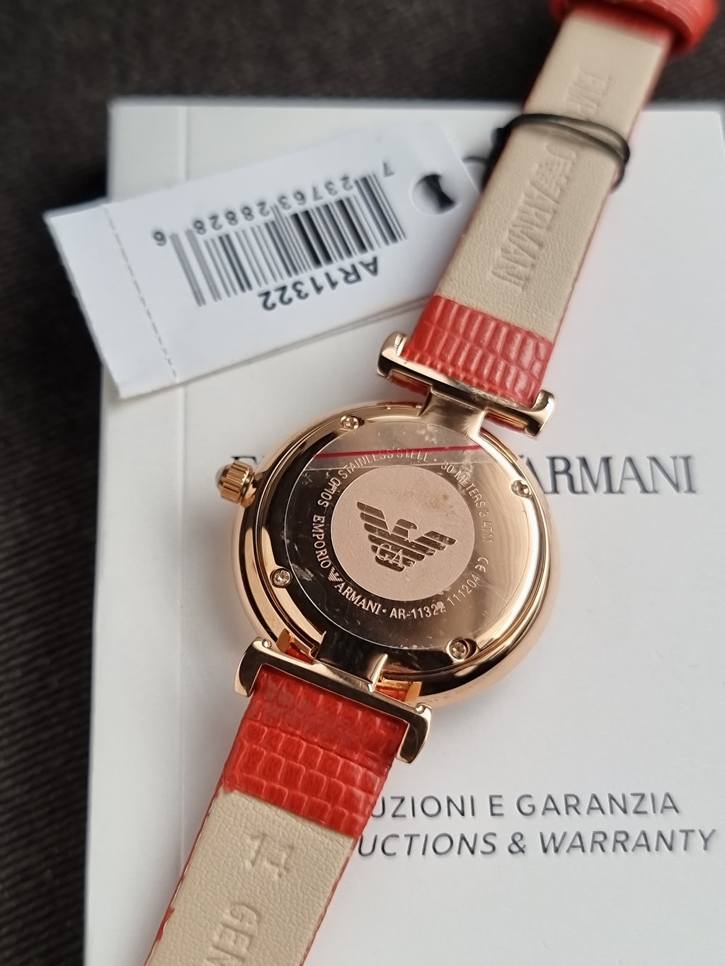 Emporio Armani Gianni T-Bar Red Leather Strap Mother Of Pearl Dial Quartz Watch for Women - AR11322