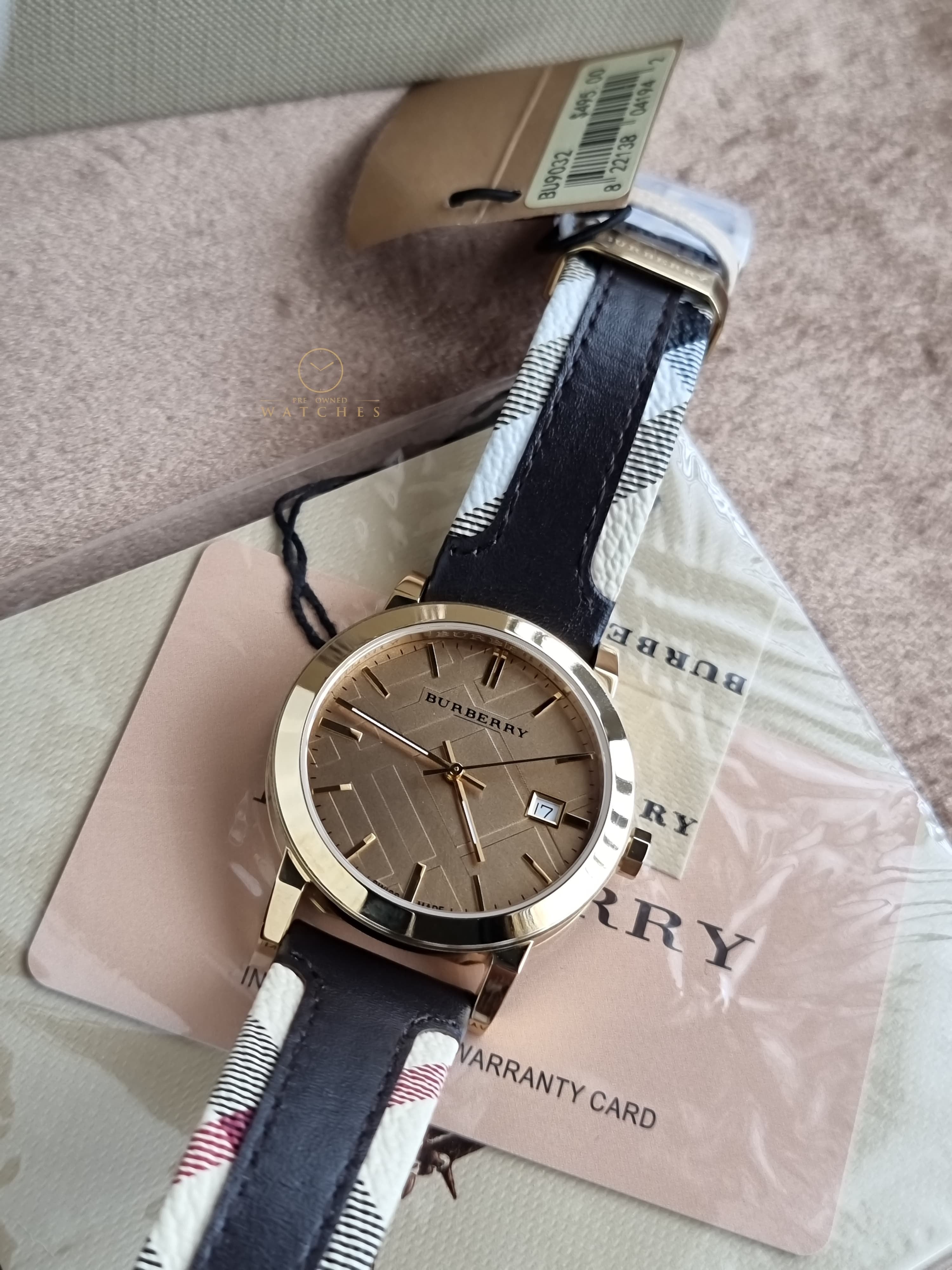 Burberry Men’s Swiss Made Quartz Black Check Stamped Leather Strap Gold Dial 38mm Watch BU9032