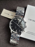 EMPORIO ARMANI Classic Silver Stainless Steel Black Dial Chronograph Quartz Watch for Gents - AR0389