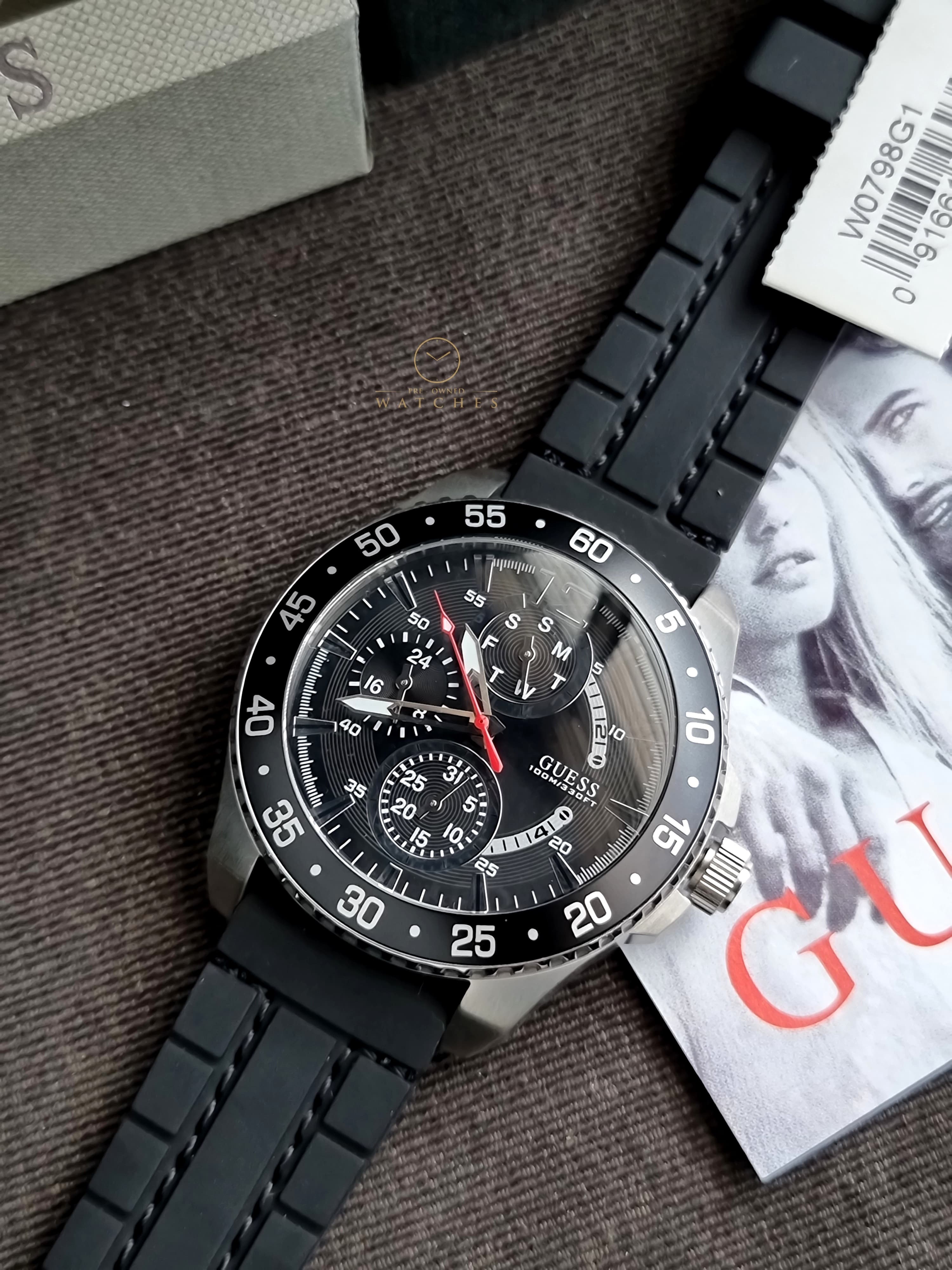 Guess Jet Black Silicone Strap Black Dial Quartz Watch for Gents - W0798G1