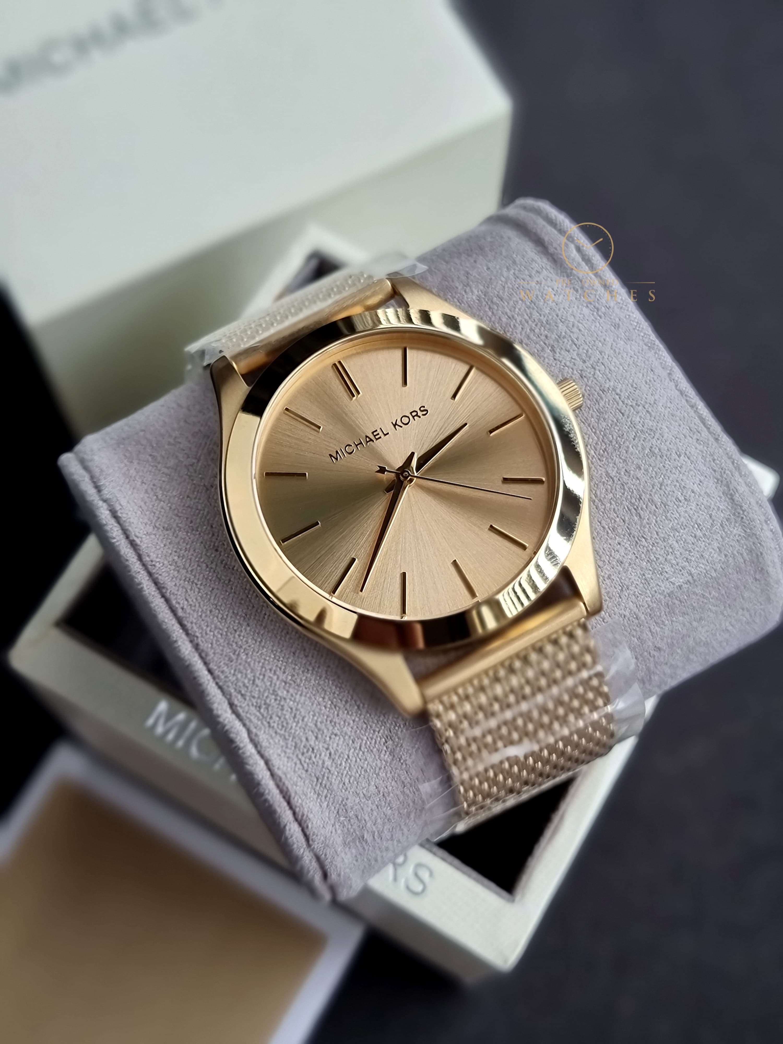 Michael Kors Slim Runway Quartz Gold Dial Gold Mesh Bracelet Watch For Men - MK8625