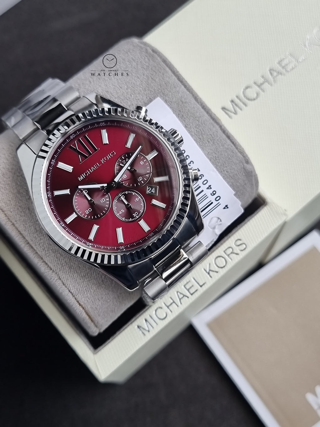 Michael Kors Mens Lexington Silver Chronograph Red 44mm Dial Watch MK9242