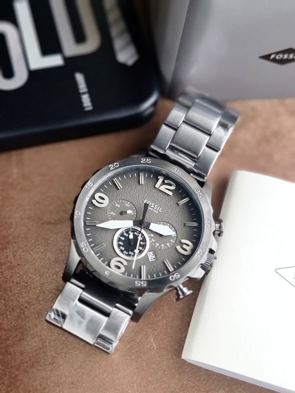 Fossil Nate Smoke Stainless Steel Gunmetal Dial Chronograph Quartz Watch for Gents - JR1437