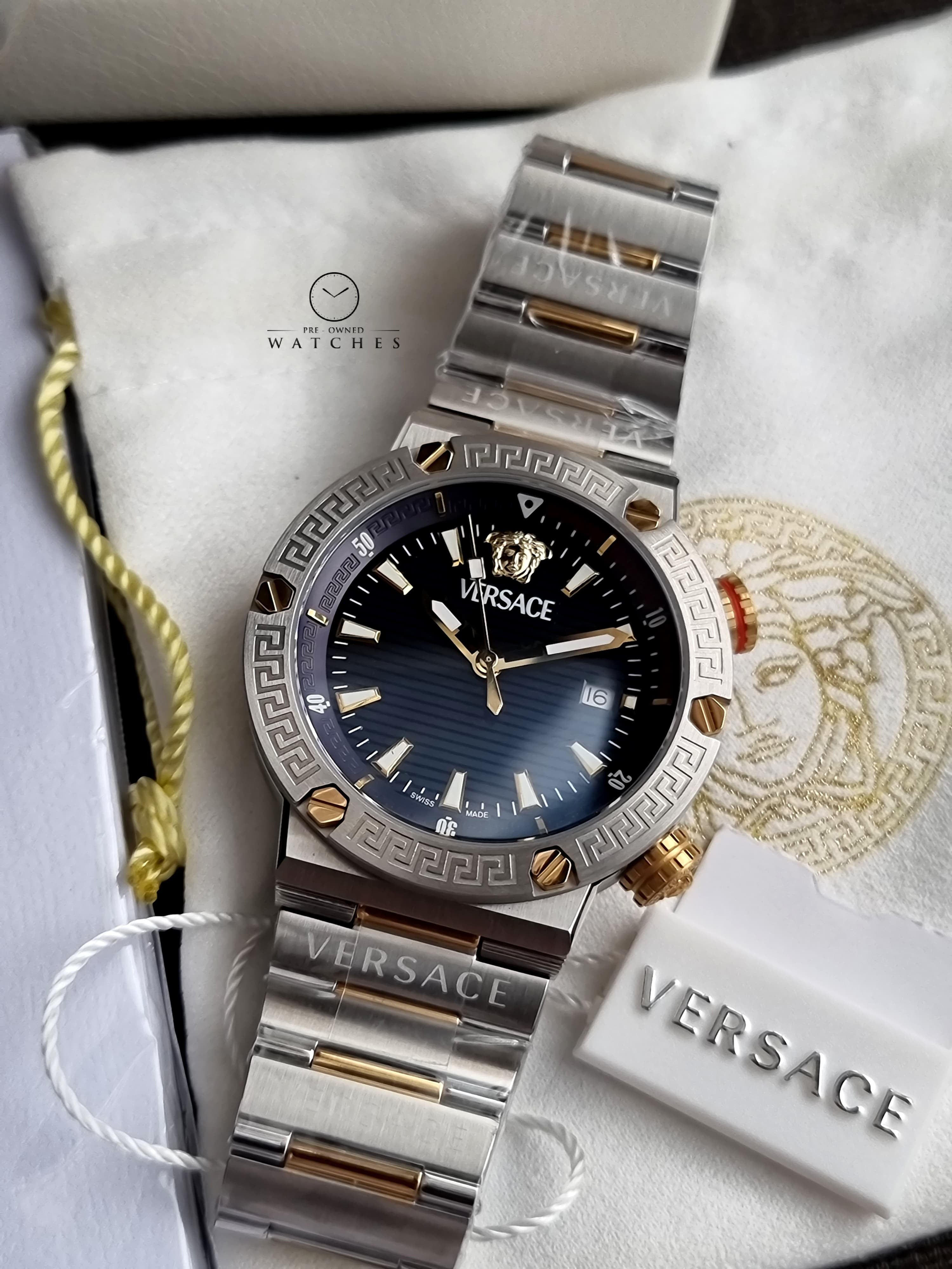 Versace Greca Logo Divers Two-tone Stainless Steel Black 43mm Dial Quartz Watch for Gents - VE8G00424