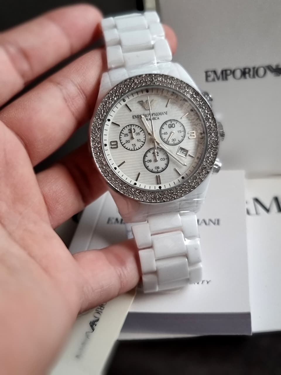 Emporio Armani Ceramica Chronograph White Dial White Ceramic Strap Watch For Women - AR1456
