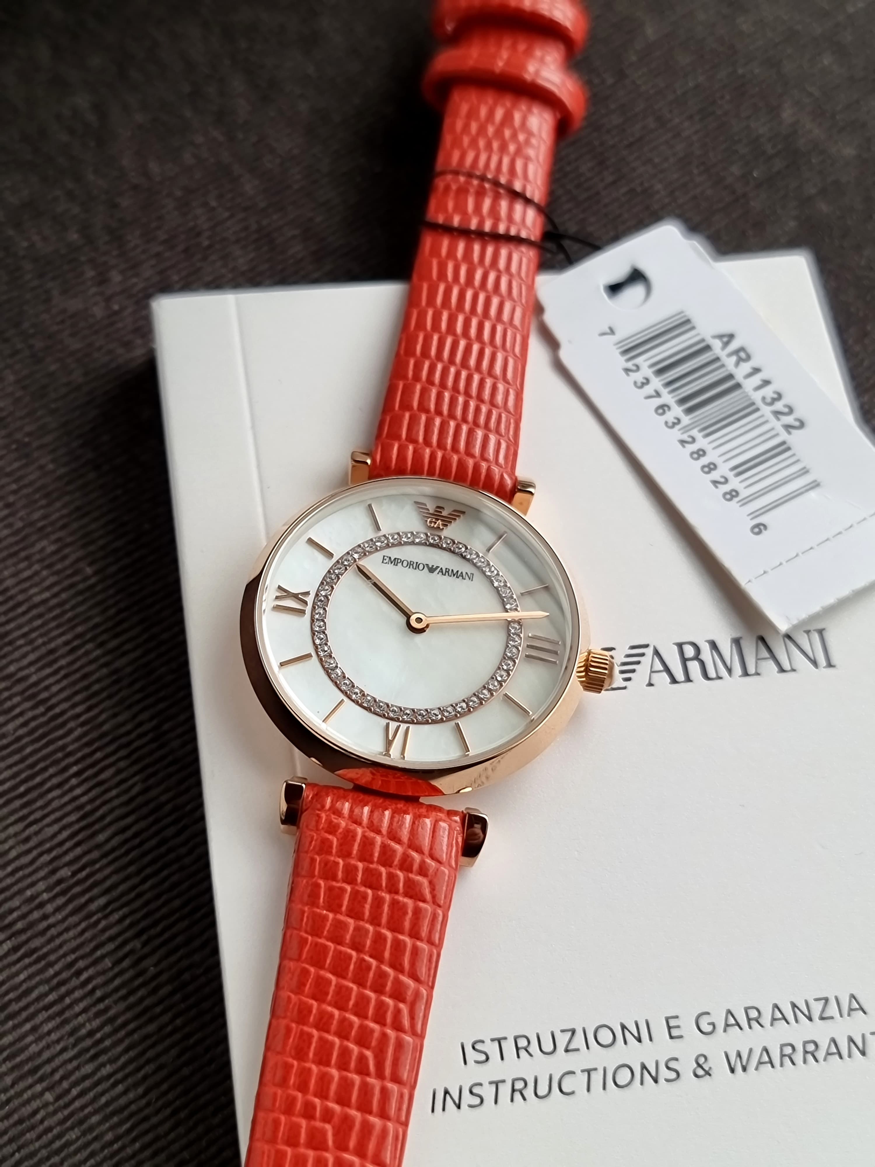 Emporio Armani Gianni T-Bar Red Leather Strap Mother Of Pearl Dial Quartz Watch for Women - AR11322