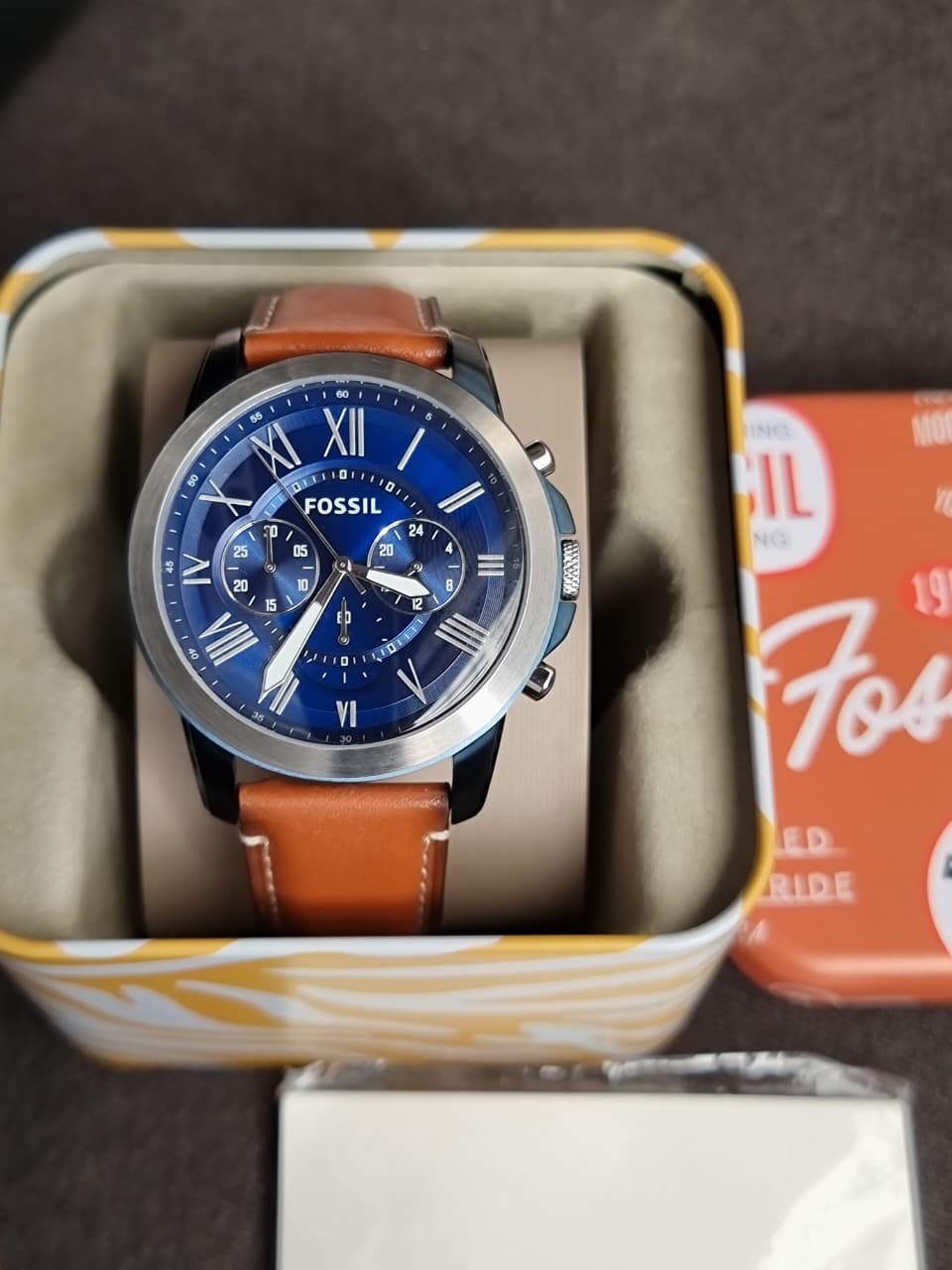 Fossil Men’s Chronograph Quartz Brown Leather Strap Blue Dial 44mm Watch FS5151