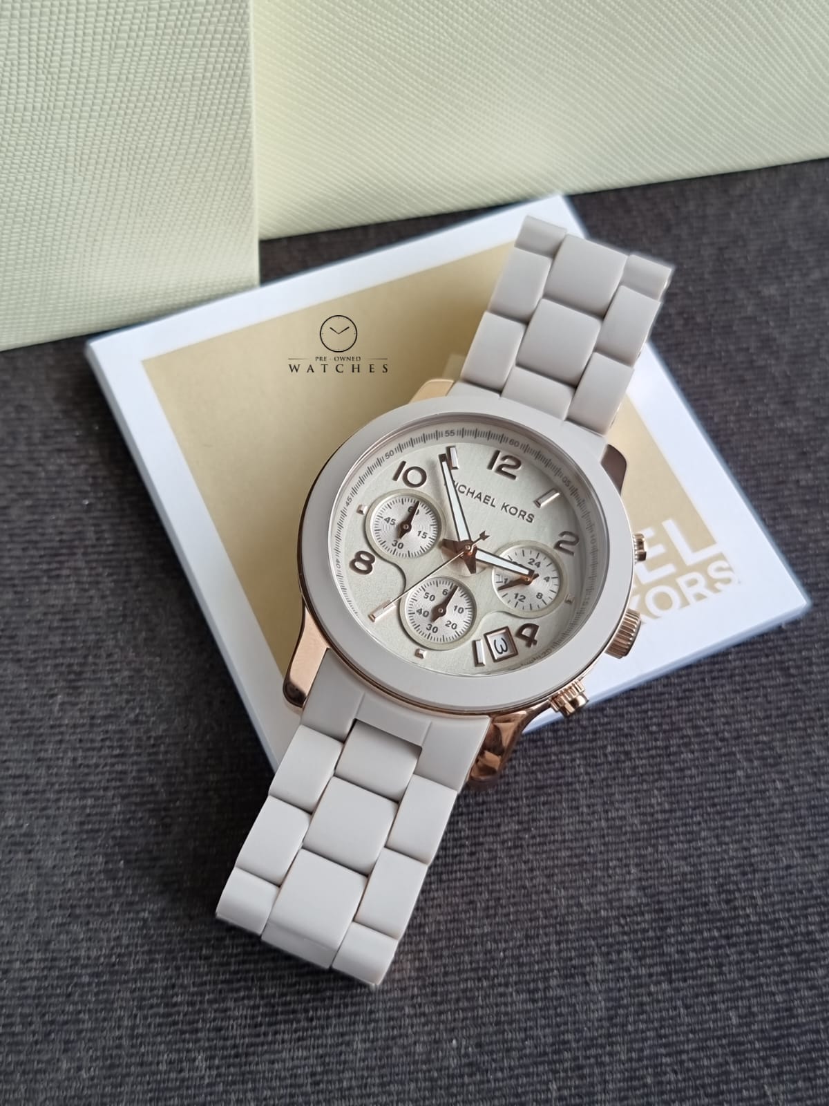 Michael Kors Runway Chronograph 38mm Rose Gold-Tone Mk7386 Stainless Steel and white Silicone Watch