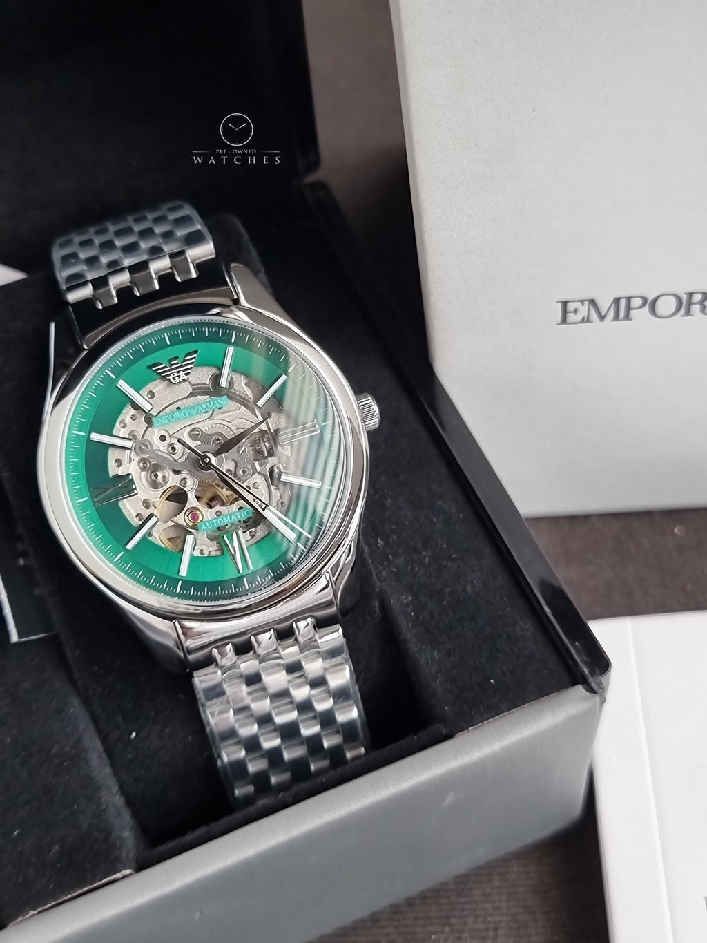 Emporio Armani Skeleton Silver Stainless Steel Green Dial Automatic Watch for Gents AR60091