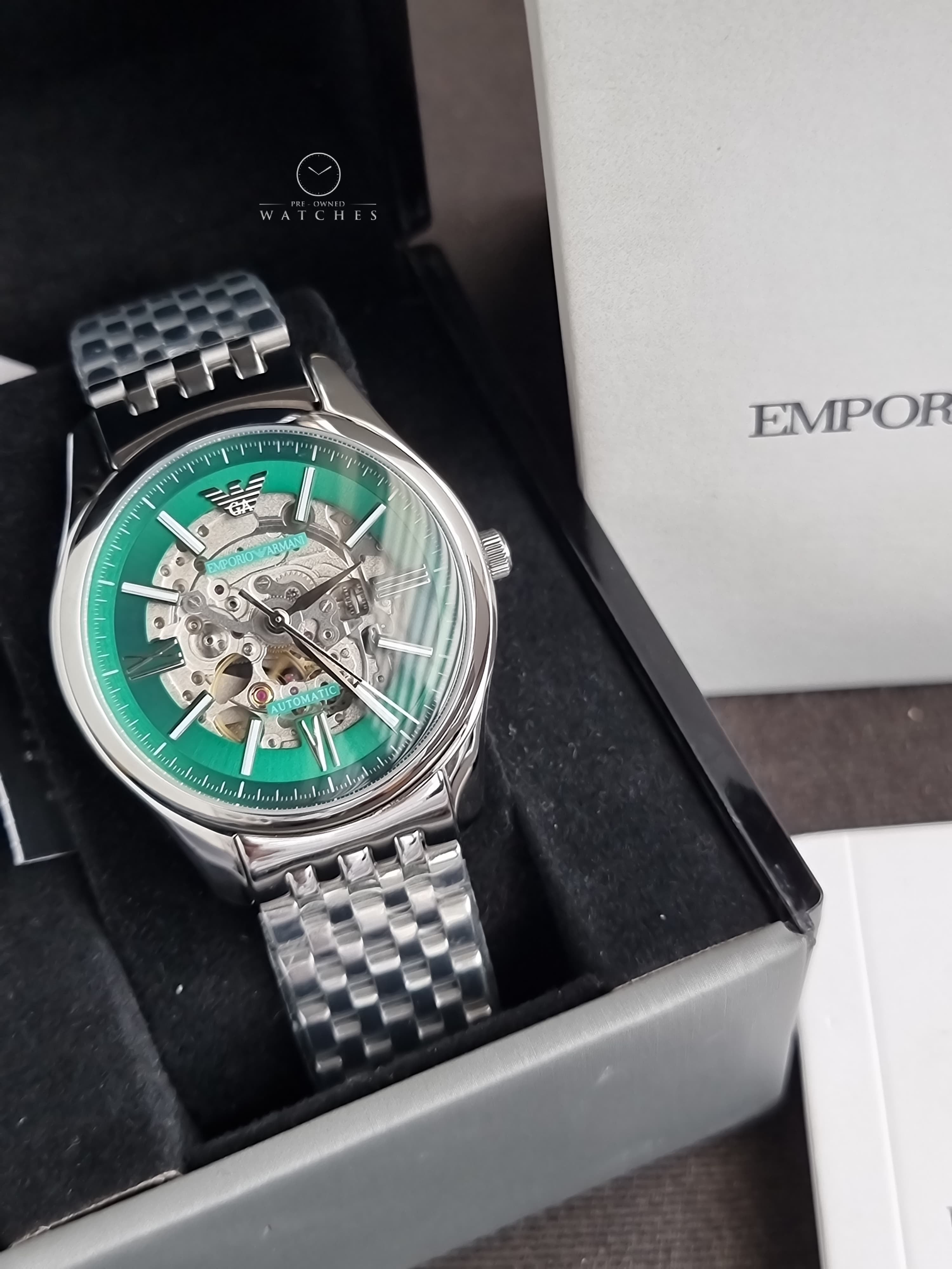 Emporio Armani Skeleton Silver Stainless Steel Green Dial Automatic Watch for Gents AR60091