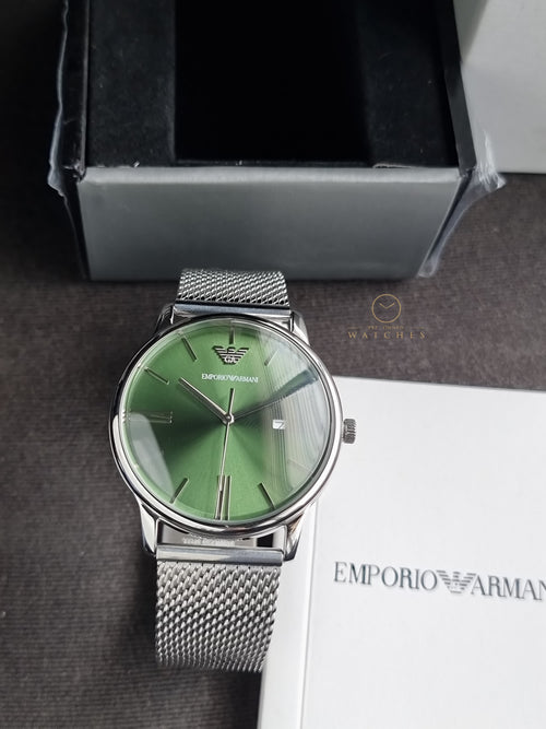 Emporio Armani Minimalist Quartz Green Dial Silver Mesh Bracelet Watch For Men - AR11578
