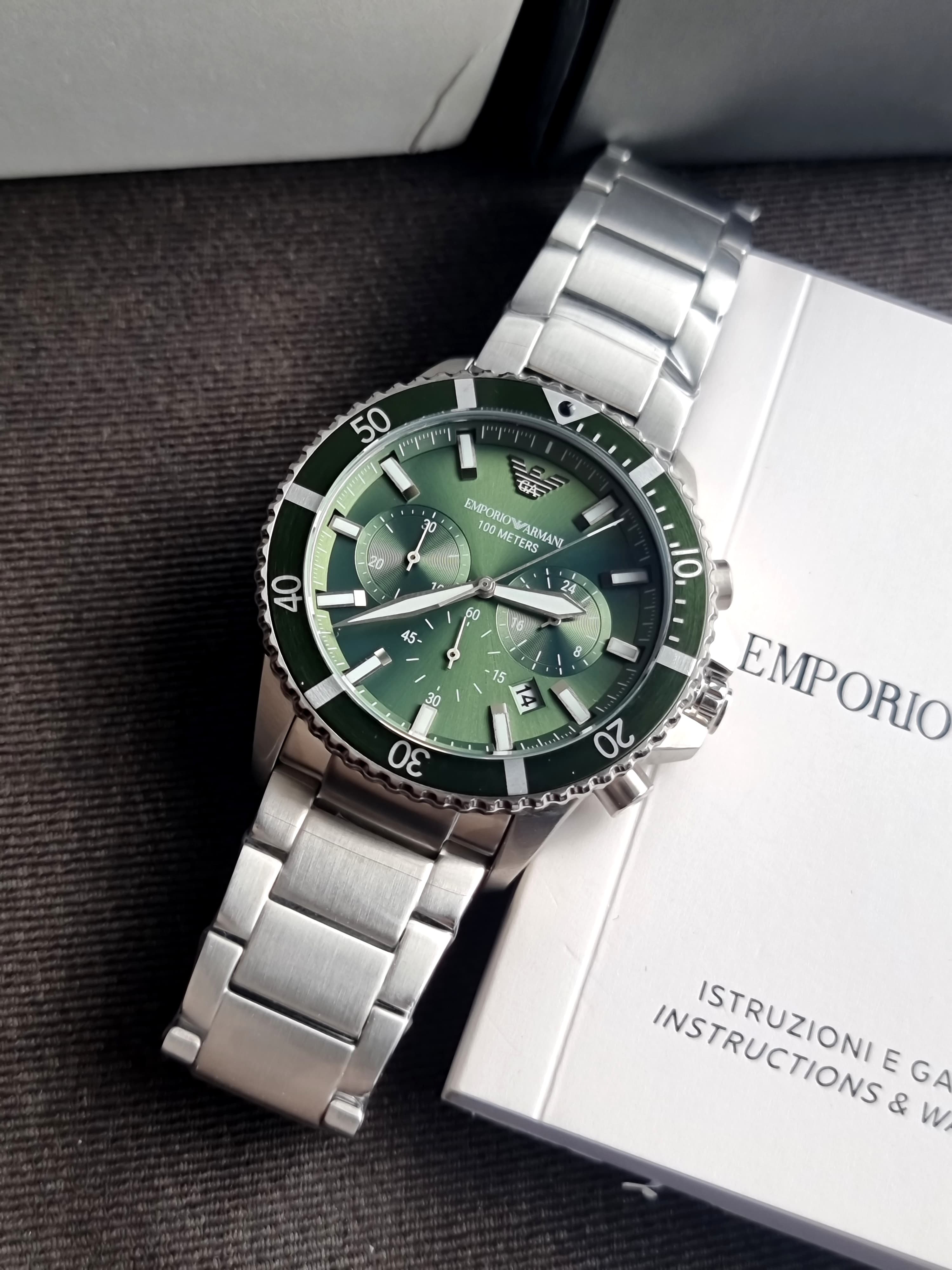EMPORIO ARMANI Silver Stainless Steel Green Dial Chronograph Quartz Watch for Gents - AR11500