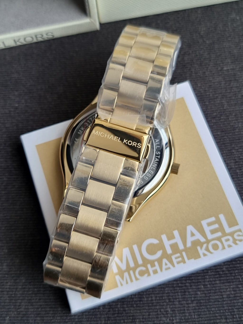 Michael Kors Slim Runway Gold Dial Stainless Steel Strap Ladies Watch MK3179
