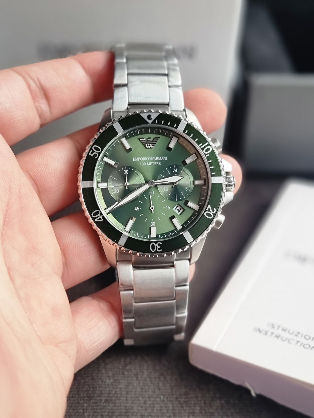 EMPORIO ARMANI Silver Stainless Steel Green Dial Chronograph Quartz Watch for Gents - AR11500