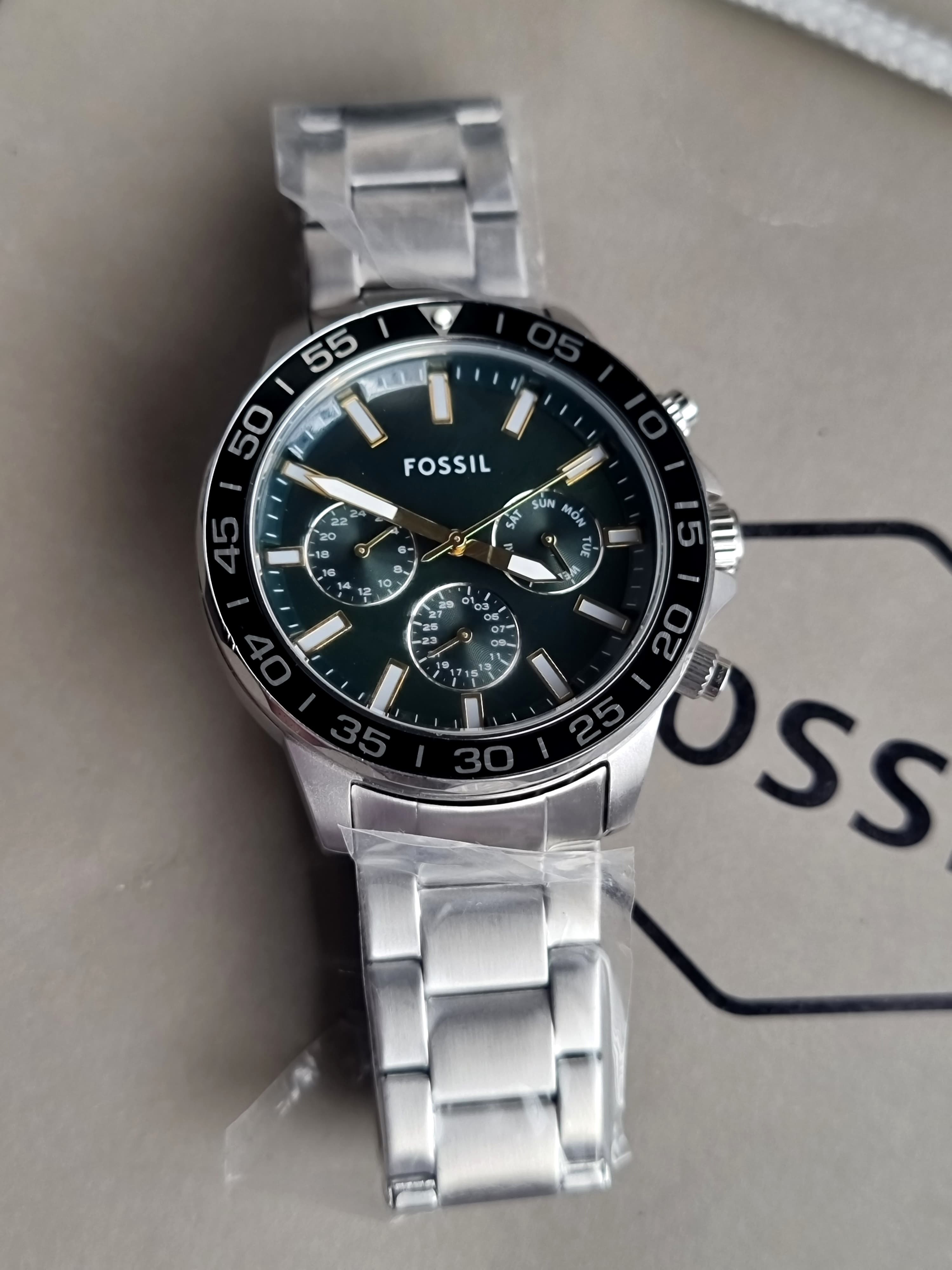 Fossil Bannon Multifunction Silver Stainless Steel Green Dial Chronograph Quartz Watch for Gents - BQ2492