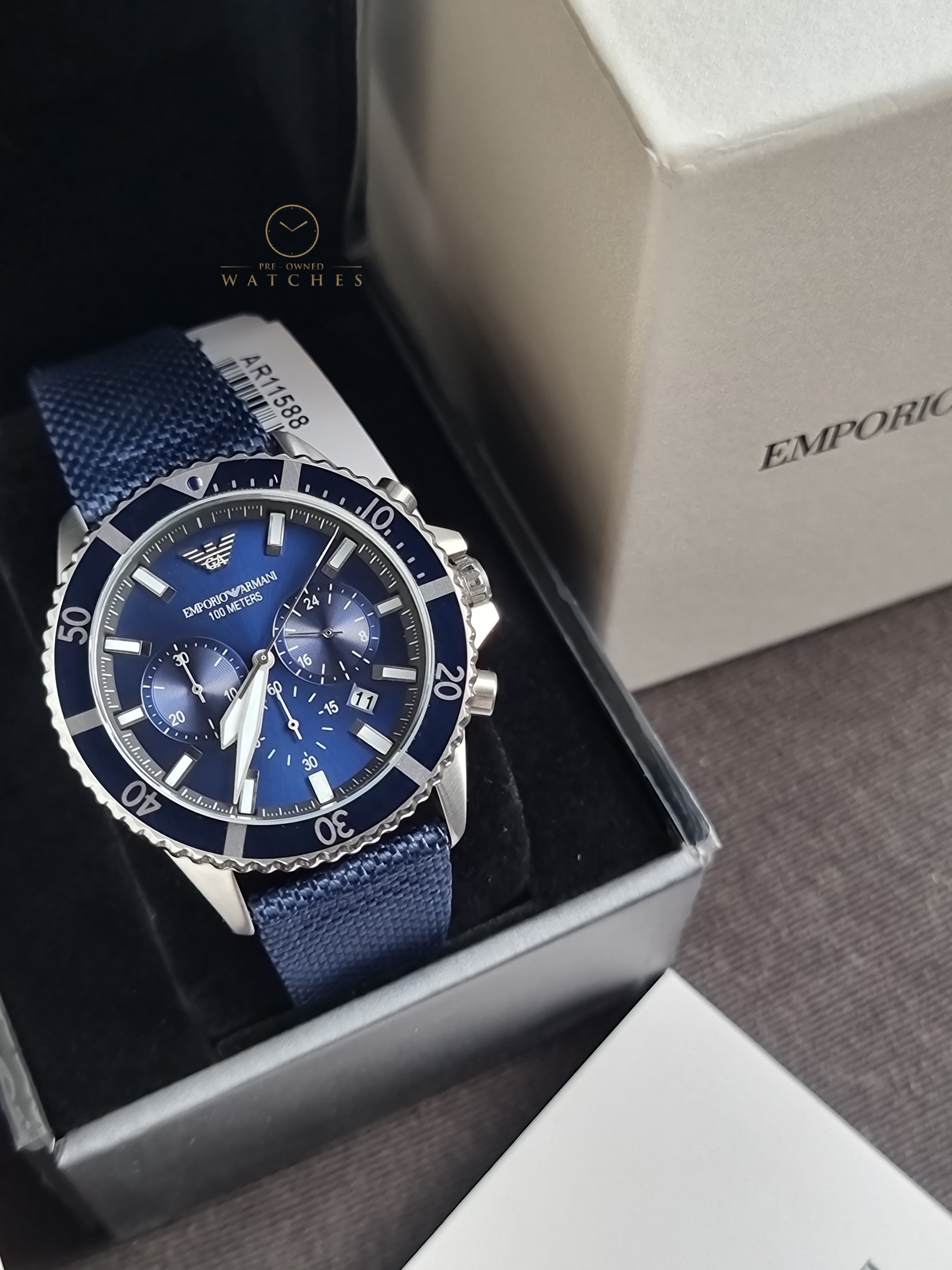 Emporio Armani Men’s Quartz Blue Nylon & Leather Strap Blue Dial 43mm Watch AR11588