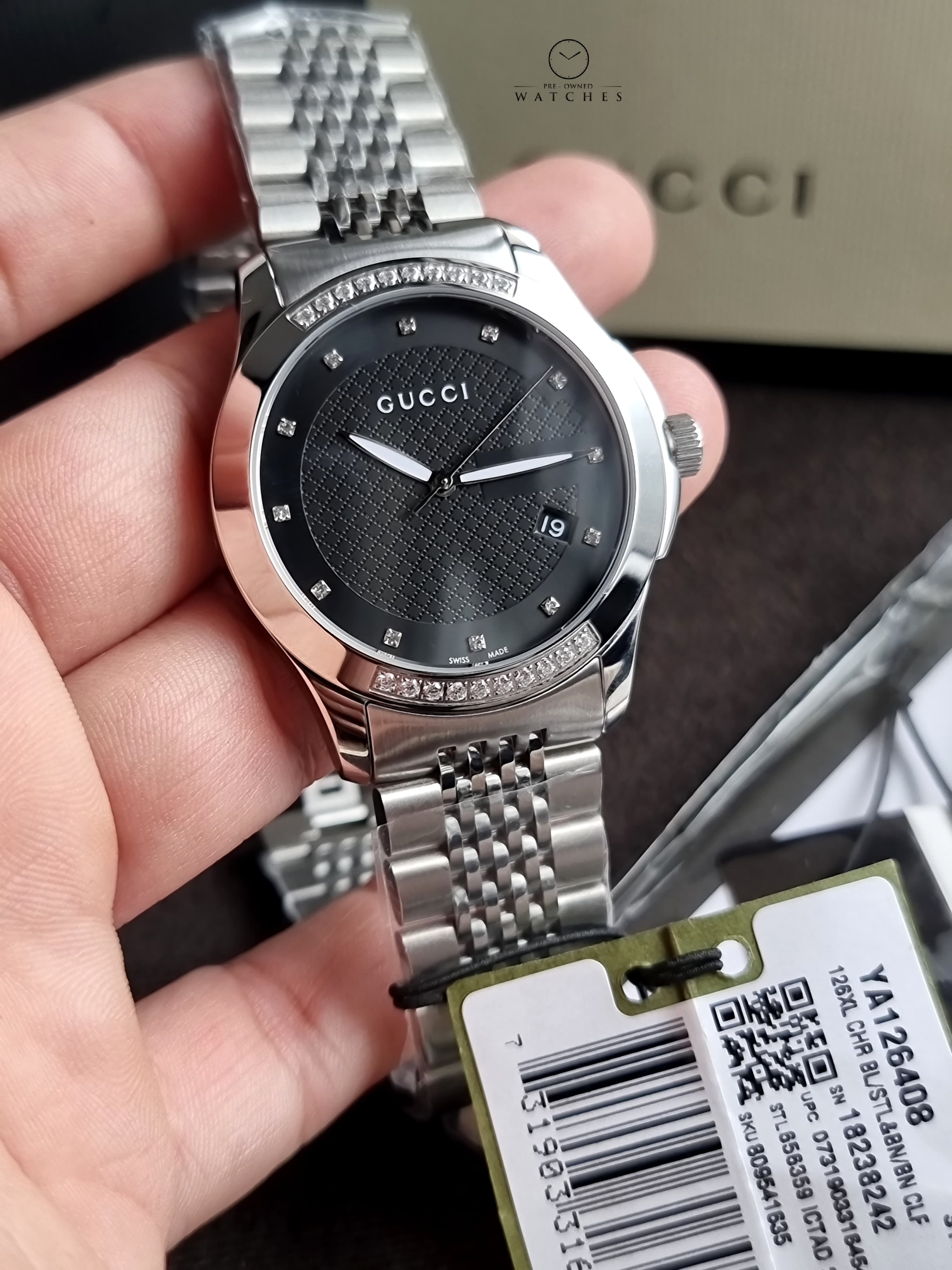 Gucci Men’s Swiss Made Quartz Silver Stainless Steel Black Dial 38mm Watch YA126408
