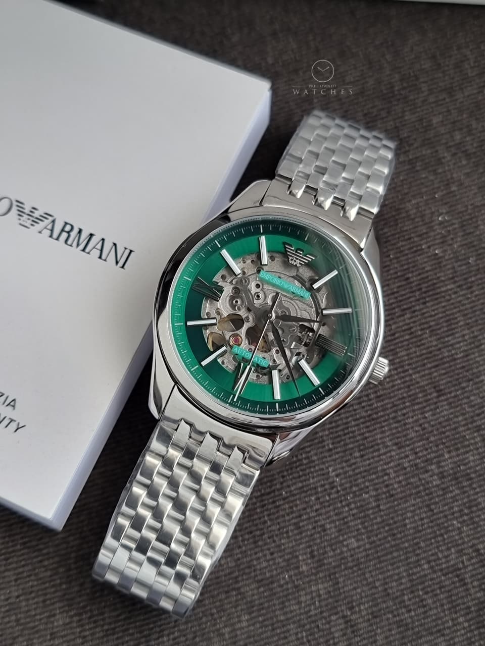 Emporio Armani Skeleton Silver Stainless Steel Green Dial Automatic Watch for Gents AR60091