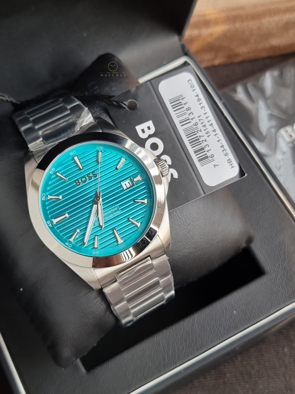 Hugo Boss Strike Silver-tone Chain Grooved Turquoise 41mm Dial Men's Watch 1514171