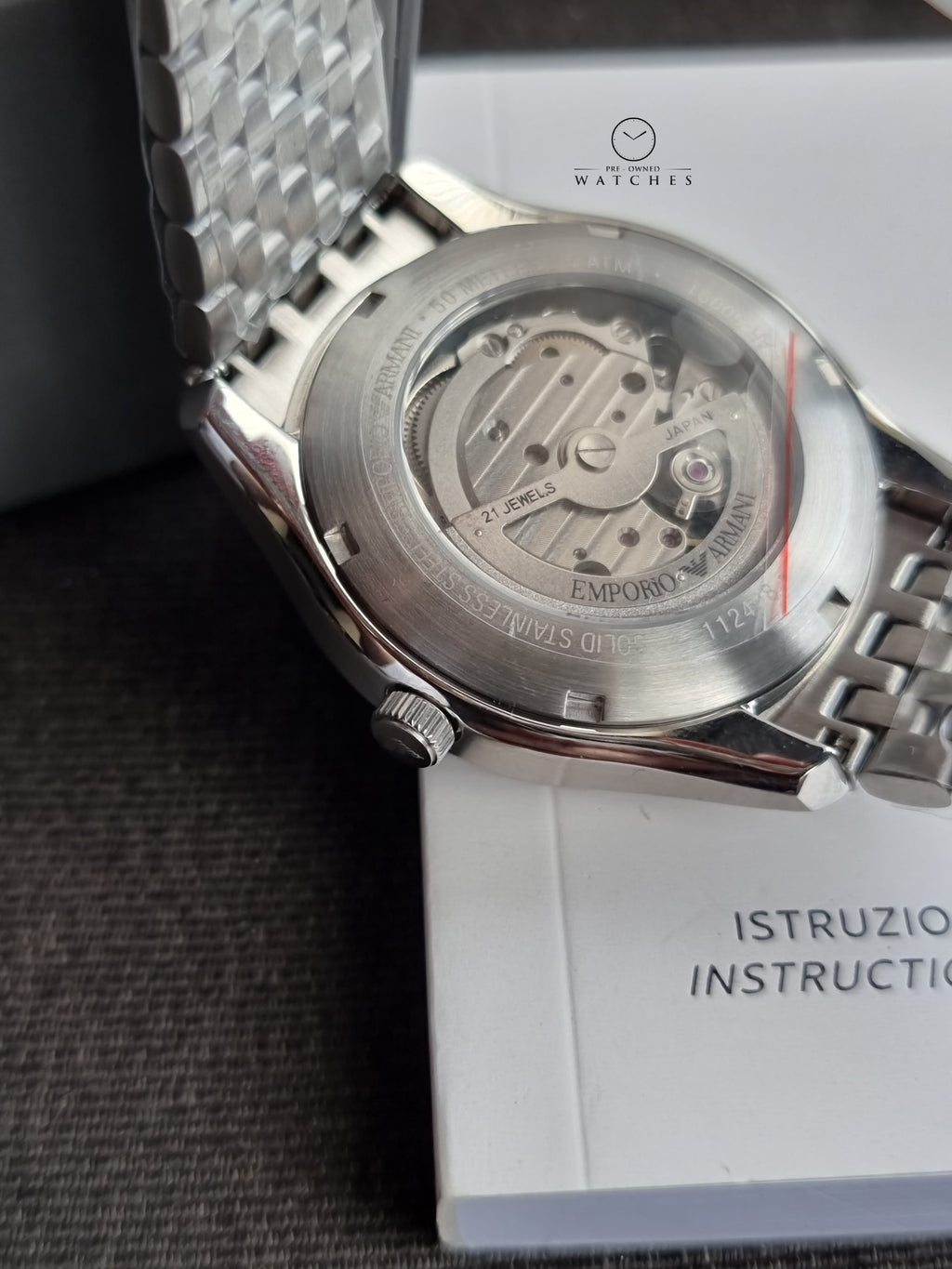 Emporio Armani Skeleton Silver Stainless Steel Green Dial Automatic Watch for Gents AR60091