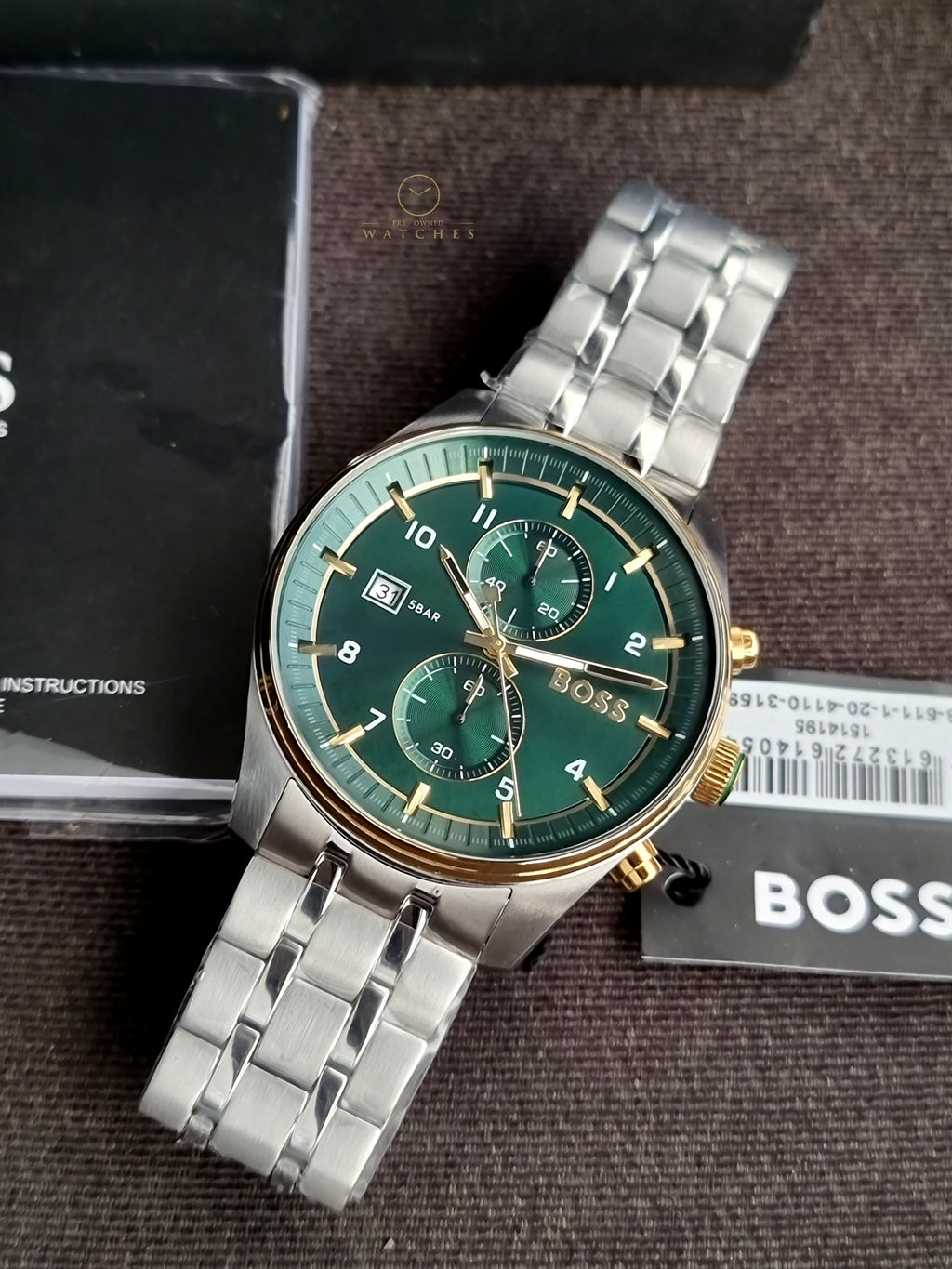 Hugo Boss Silver Stainless Steel Green 44mm Dial Chronograph Quartz Watch for Gents - 1514195