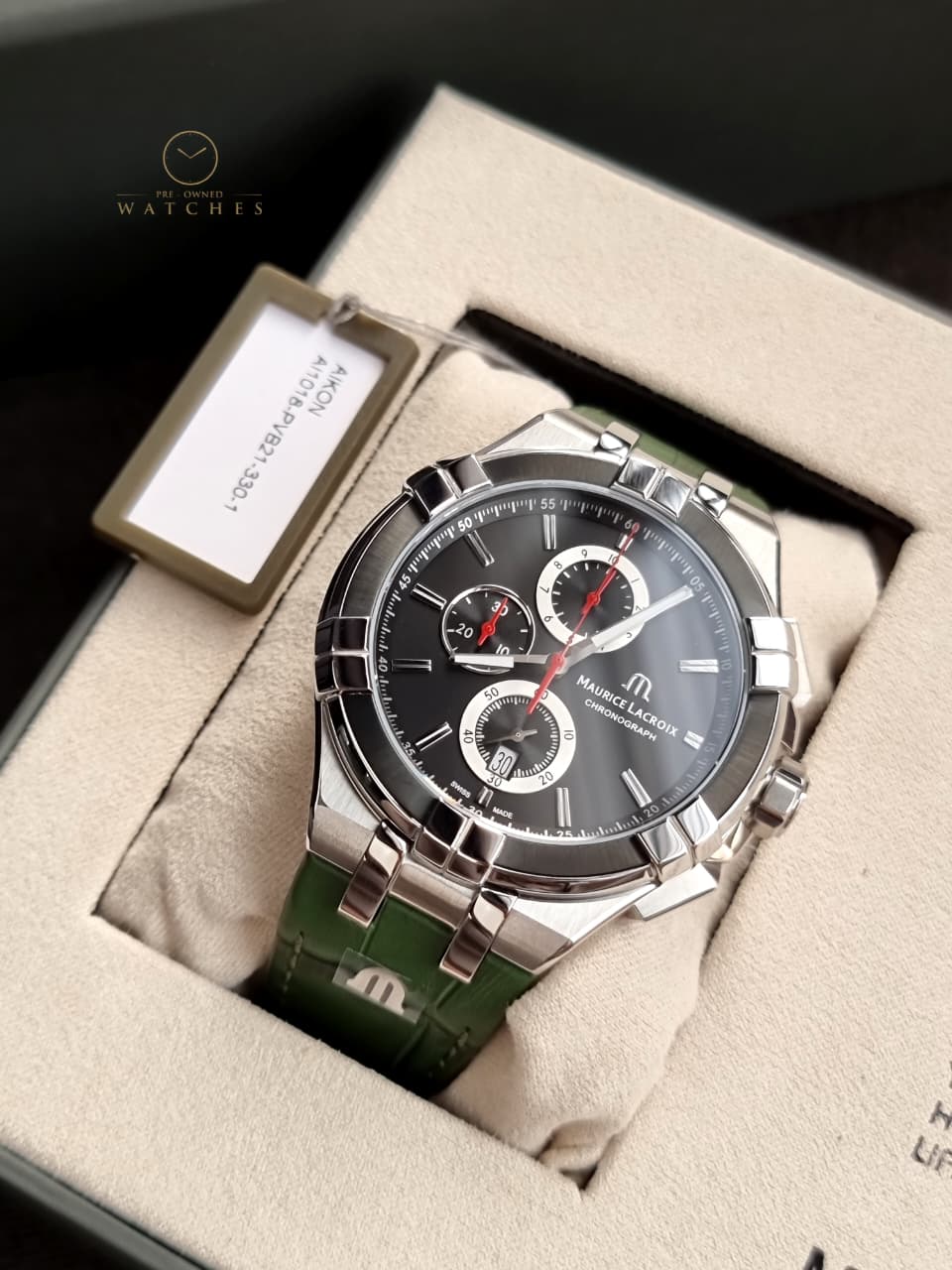 Maurice Lacroix Gent's AIKON Green Leather Chronograph Watch, 44mm : AI1018-PVB21-330-