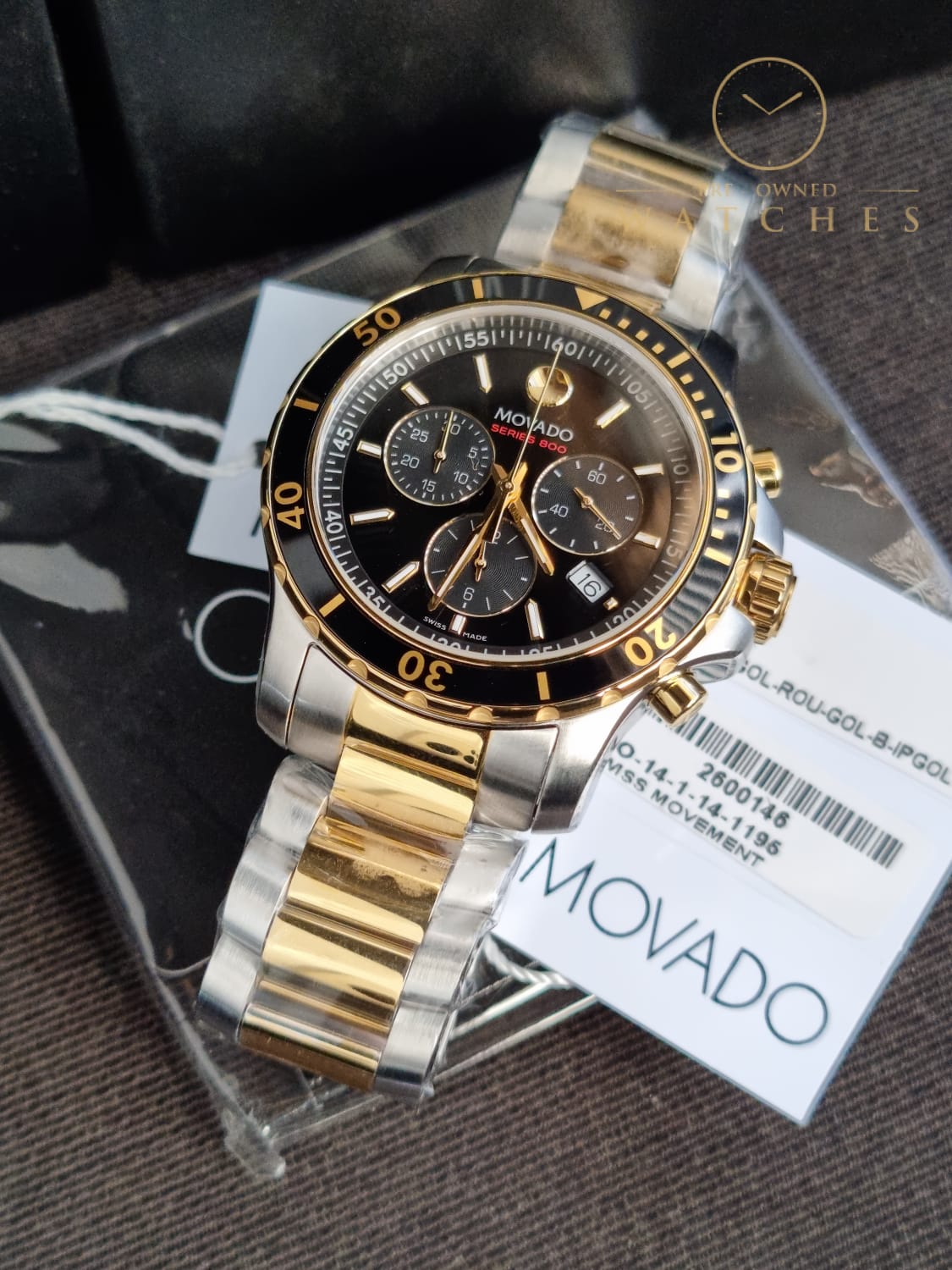 Movado Men's Series 800 2-Tone Chronograph Watch with Printed Index, Gold/Black/Silver 2600146