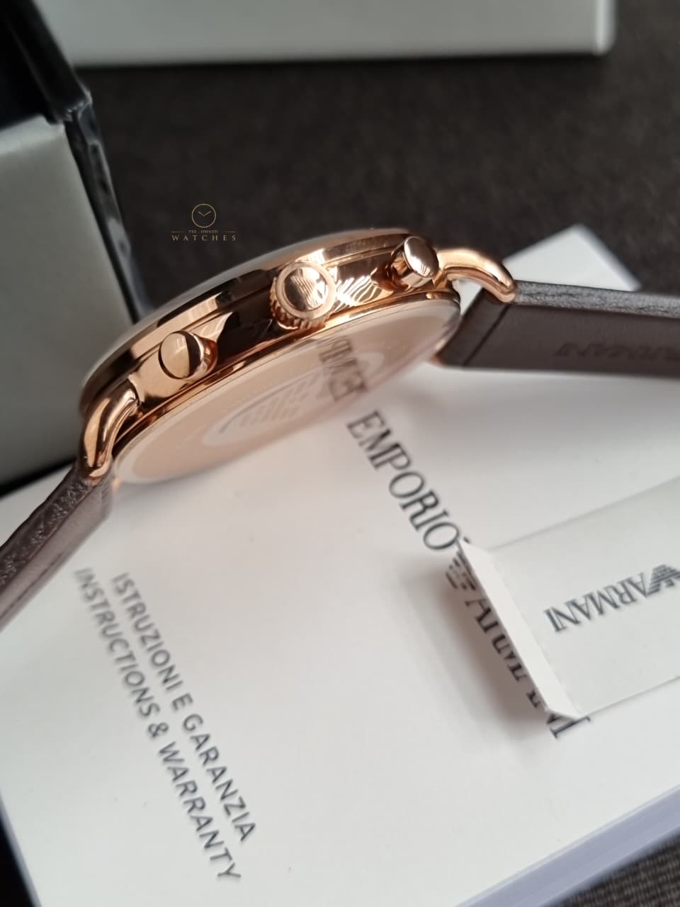 Emporio Armani Men’s Chronograph Quartz Brown Leather Strap Rose Gold Shine Dial 43mm Watch AR11106