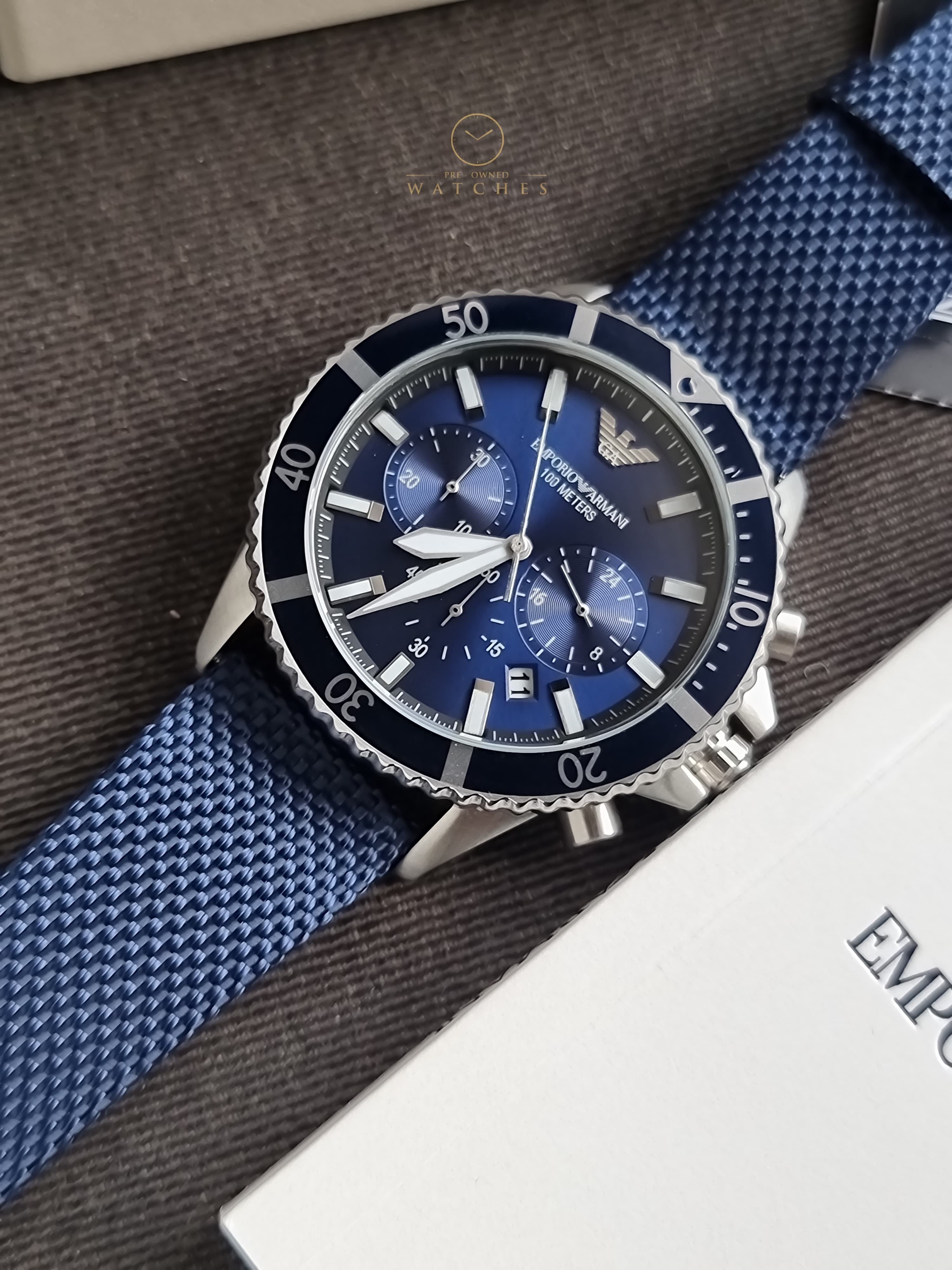 Emporio Armani Men’s Quartz Blue Nylon & Leather Strap Blue Dial 43mm Watch AR11588