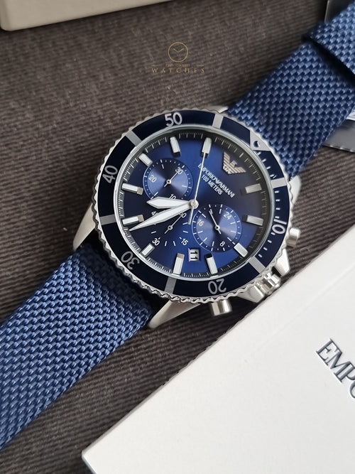 Emporio Armani Men’s Quartz Blue Nylon & Leather Strap Blue Dial 43mm Watch AR11588