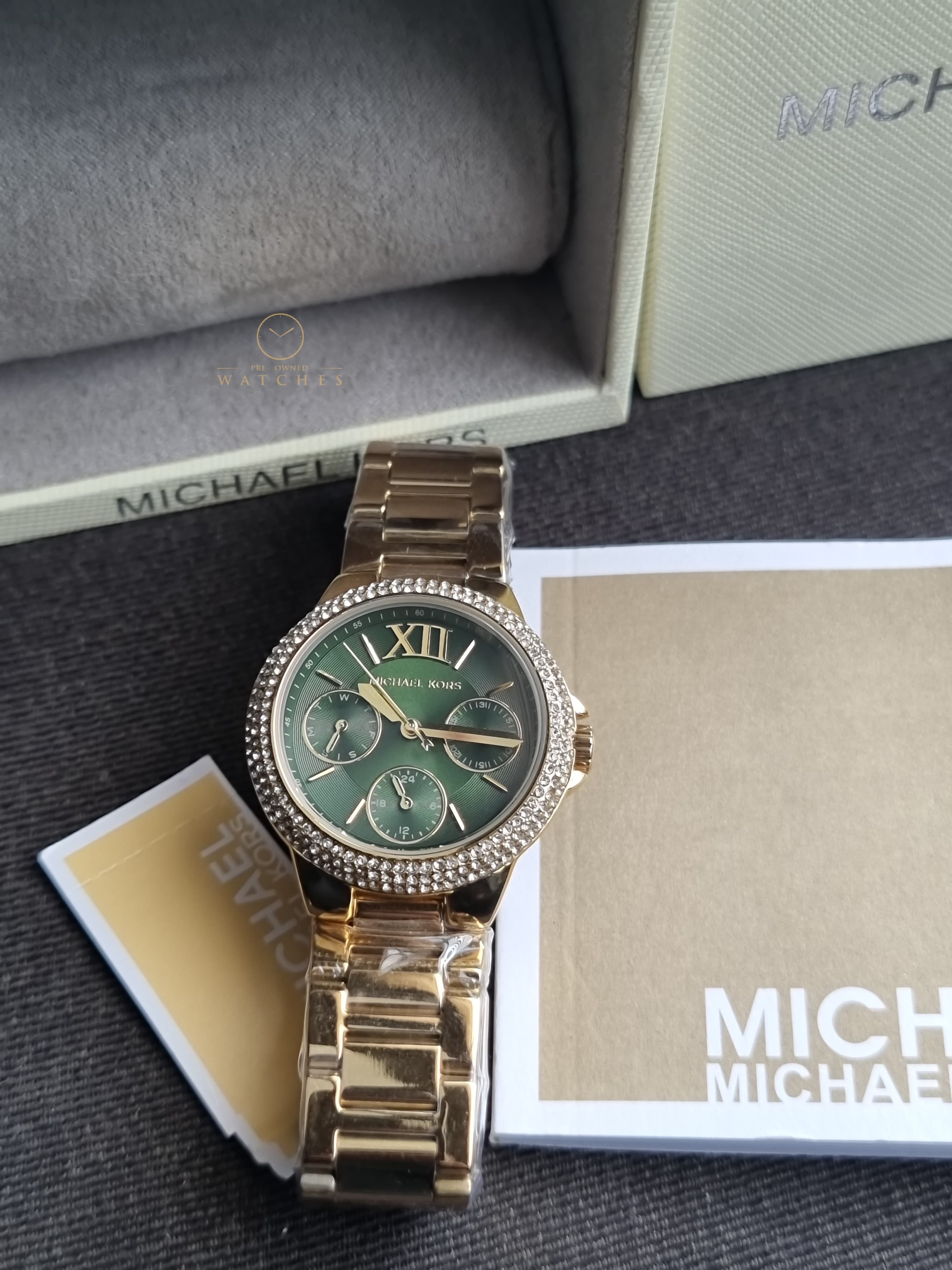 Michael Kors Gold Stainless Steel Green Dial Quartz Watch for Ladies - MK6981