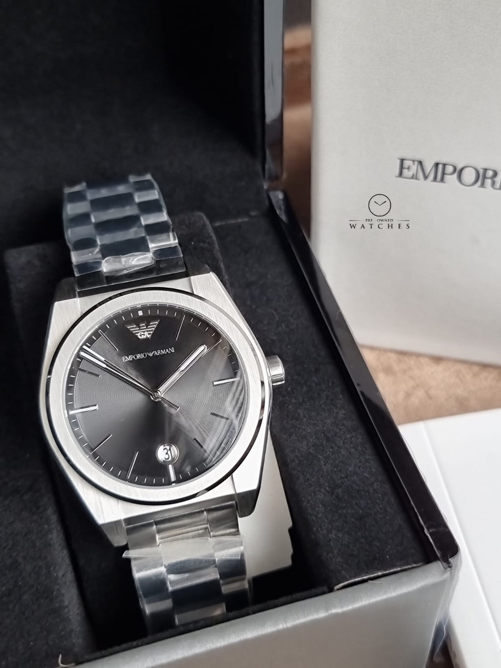 Emporio Armani Federico Silver Stainless Steel Black Dial Quartz Watch for Gents - AR11622