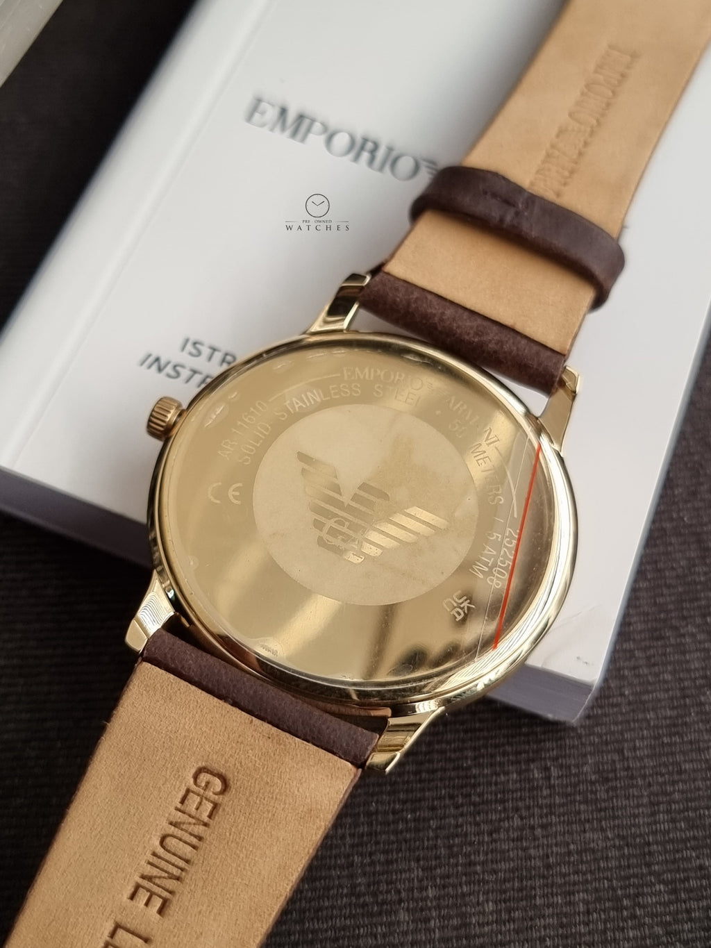 Emporio Armani Brown Leather Strap Gold 42mm Dial Quartz Watch for Gents - AR11610