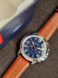 Fossil Grant Brown Leather Strap Blue Dial Chronograph Quartz Watch for Gents - FS5210