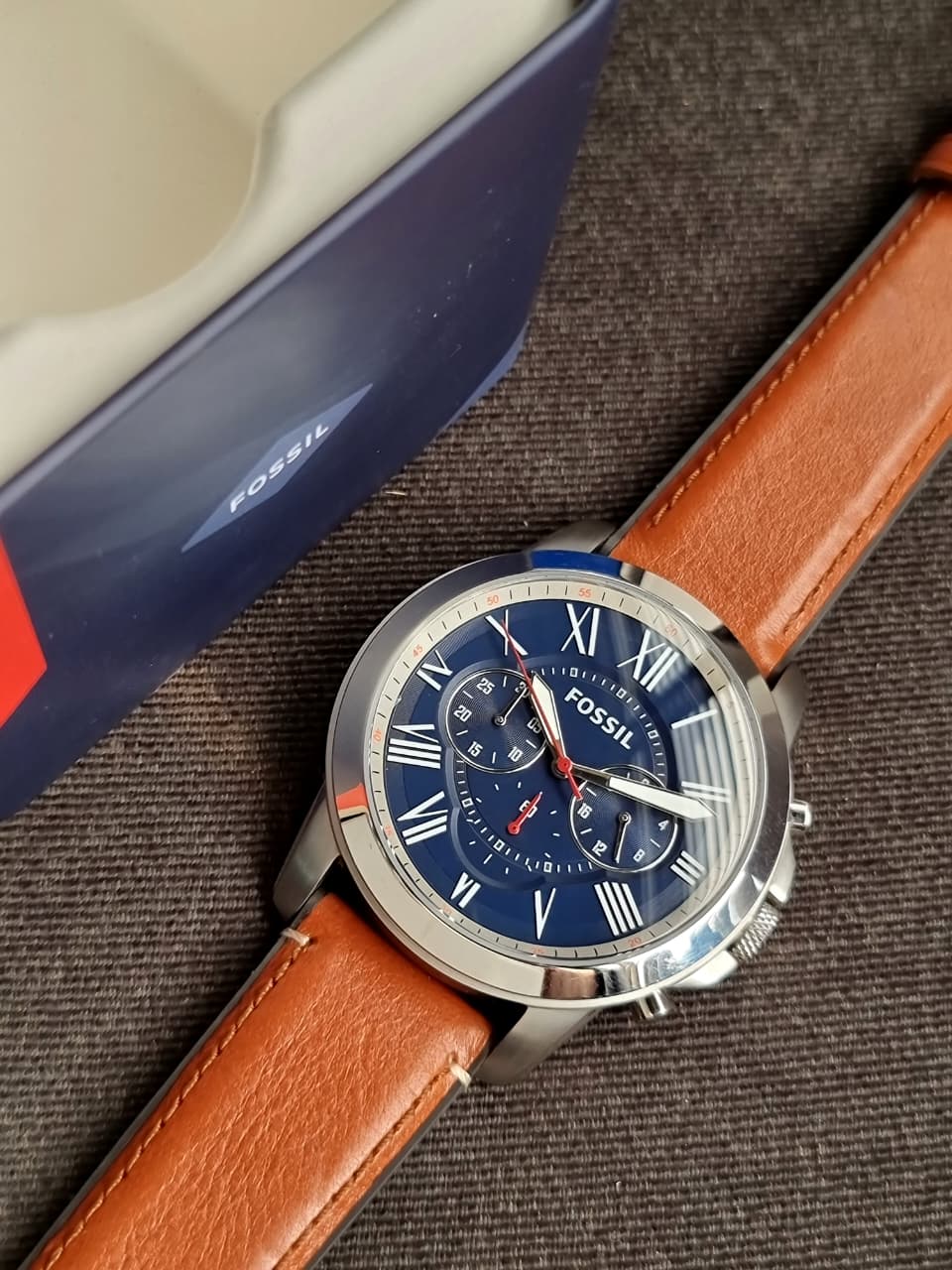 Fossil Grant Brown Leather Strap Blue Dial Chronograph Quartz Watch for Gents - FS5210